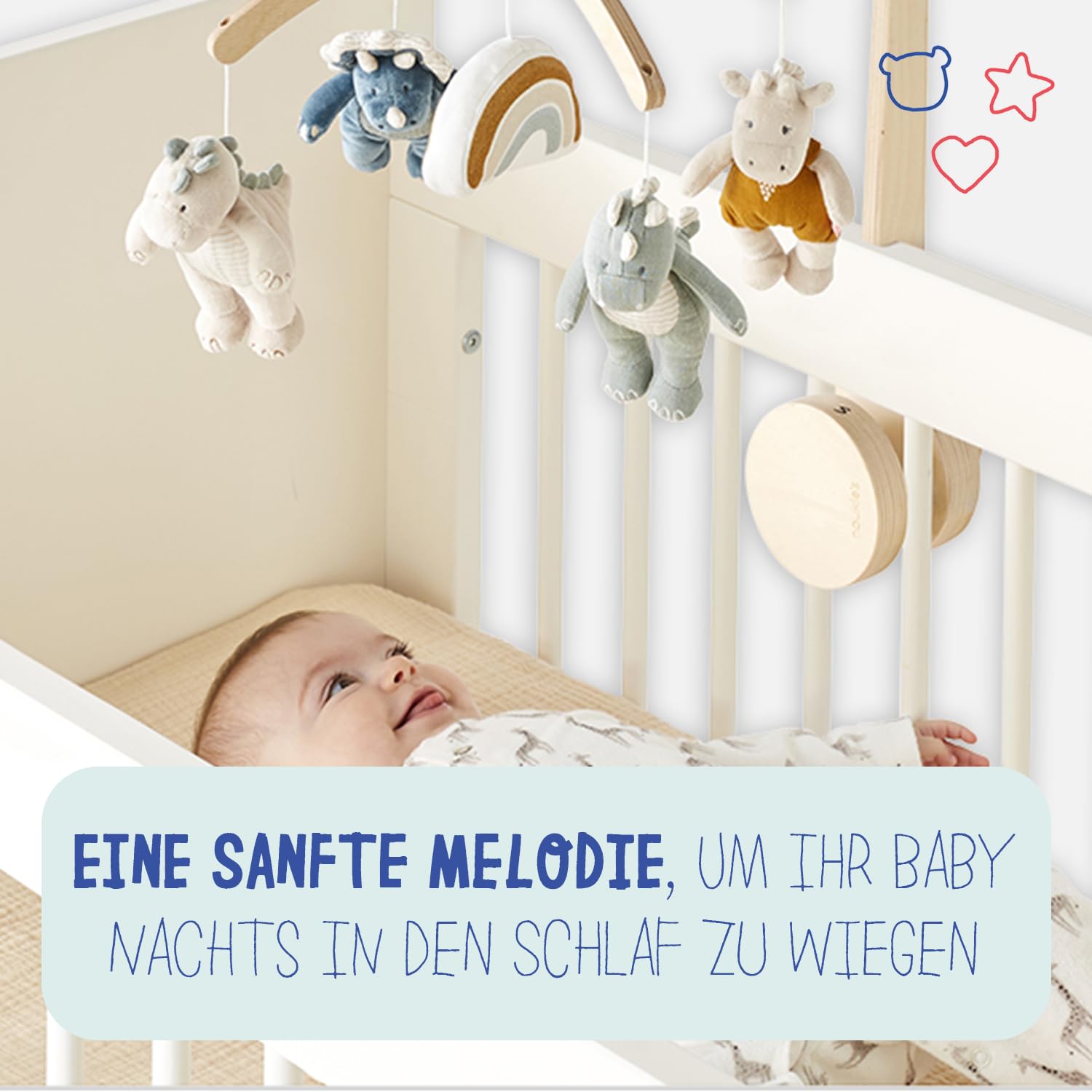 NOUKIE'S Musikalisches Mobile - Tiga, Stegi & Ops die Dinosaurier - Brahms Melodie - Kompatibel mit Wiege, Gitterbett und Laufstall - Ideal ab der Geburt zur Beruhigung des Babys