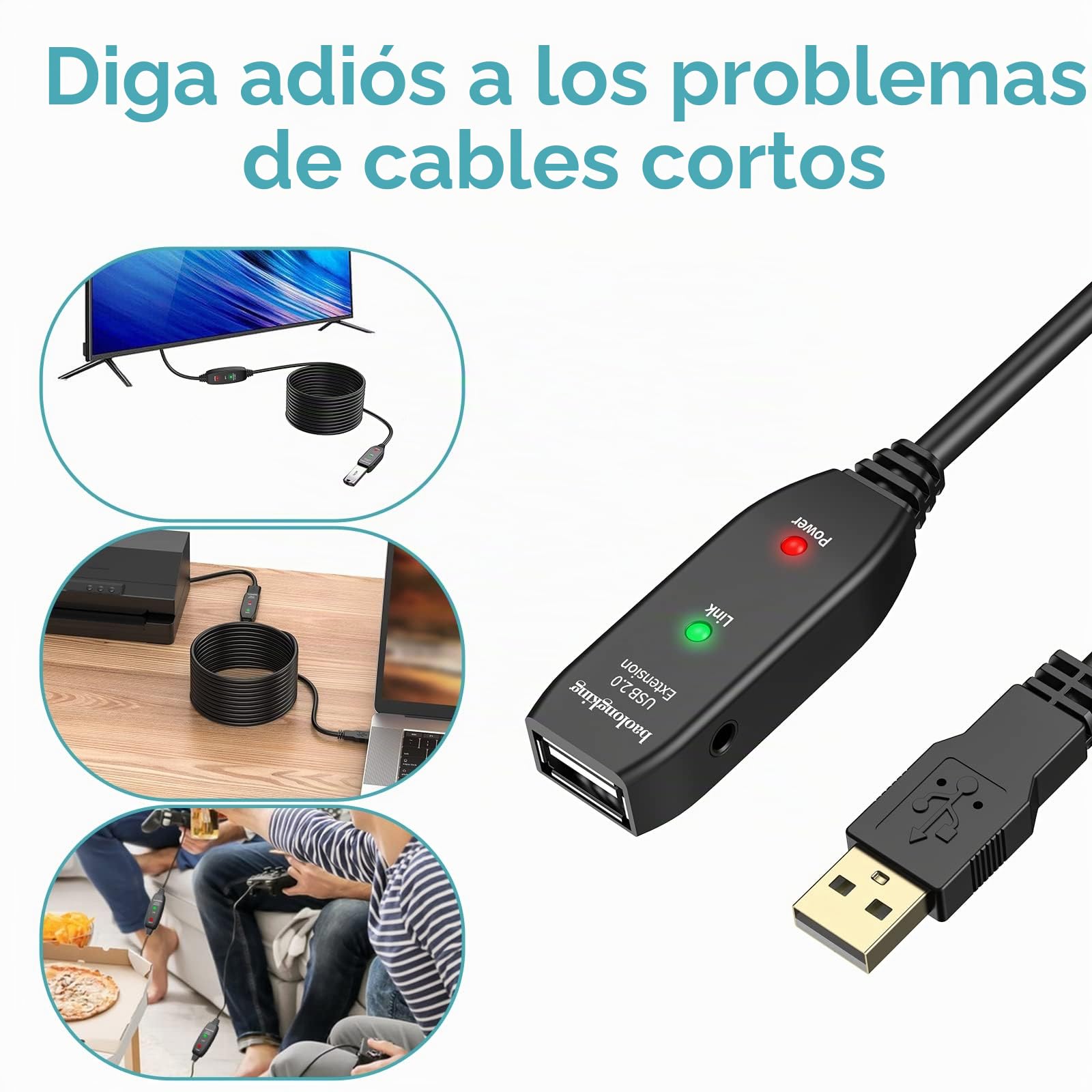 Cable alargador USB de 5 m, 10 m, 15 m ó 20 m. USB 2.0, repetidor activo, con conectores macho a hembra, cables largos con amplificador de señal (20m)