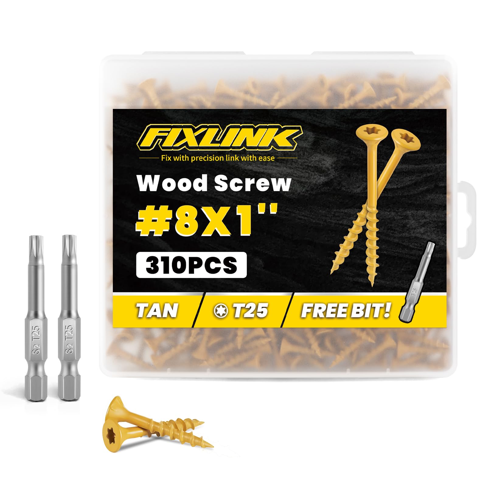 Wood Screws 1 Inch, FIXLINK Deck Screws #8 x 1, 310 PCS, Epoxy Coated, T25 Star Bit Above 1500 Hour Salt Spray Coating Outdoor Decking Screws