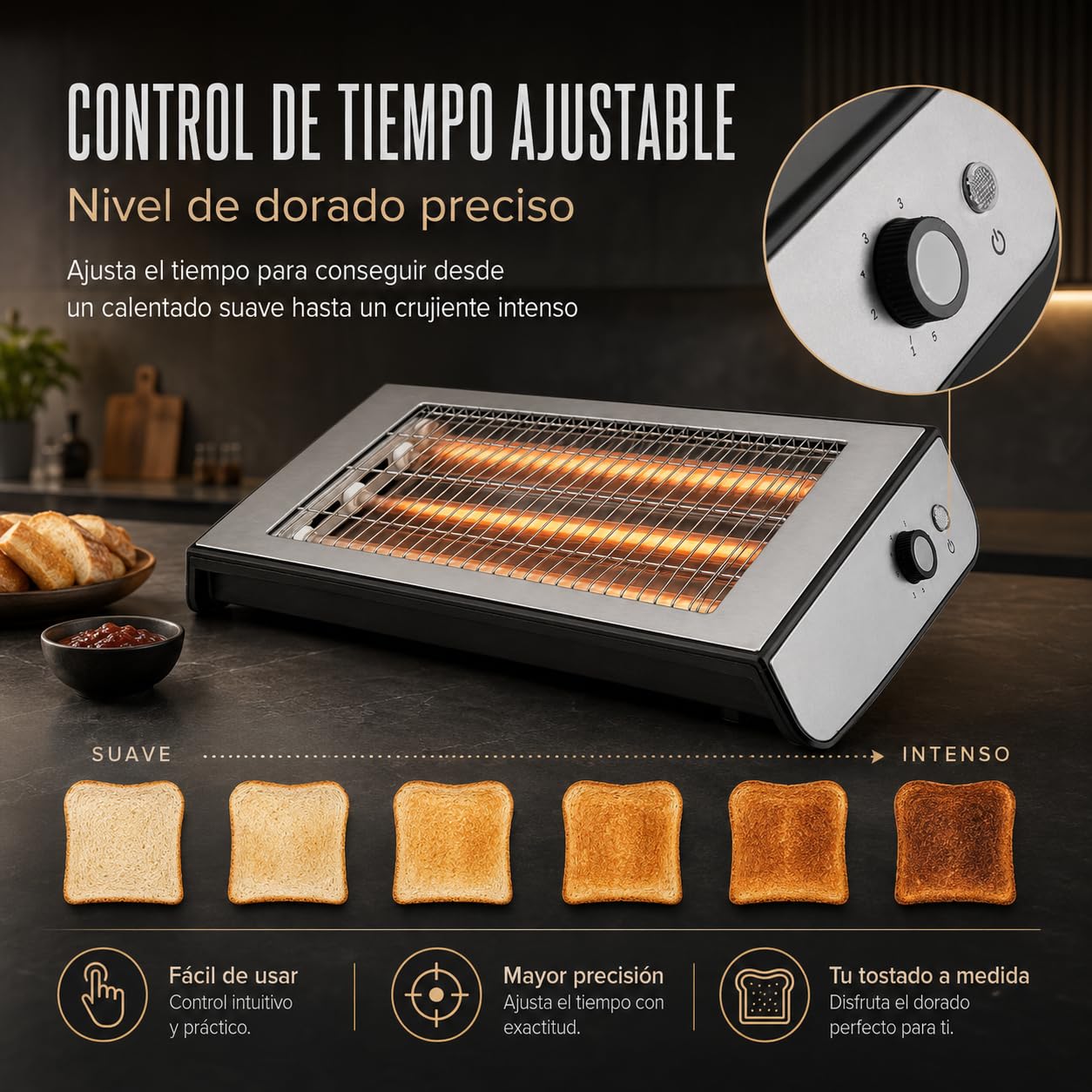 Tostadora de Pan Plana Horizontal 600W, 2 Tubos de Cuarzo y Temporizador