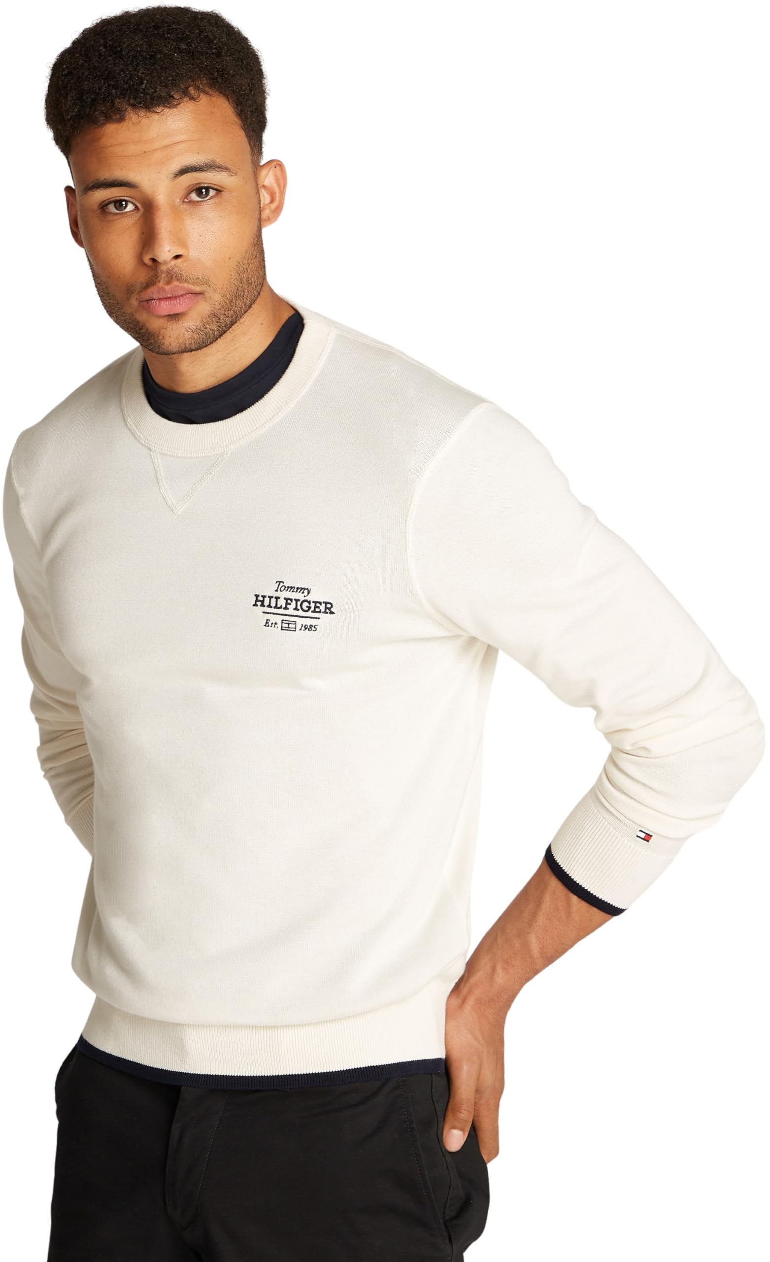 Tommy Hilfiger Men’s Graphic Cotton Round Neck Jumper, Off-White (Ivory Petal), XL