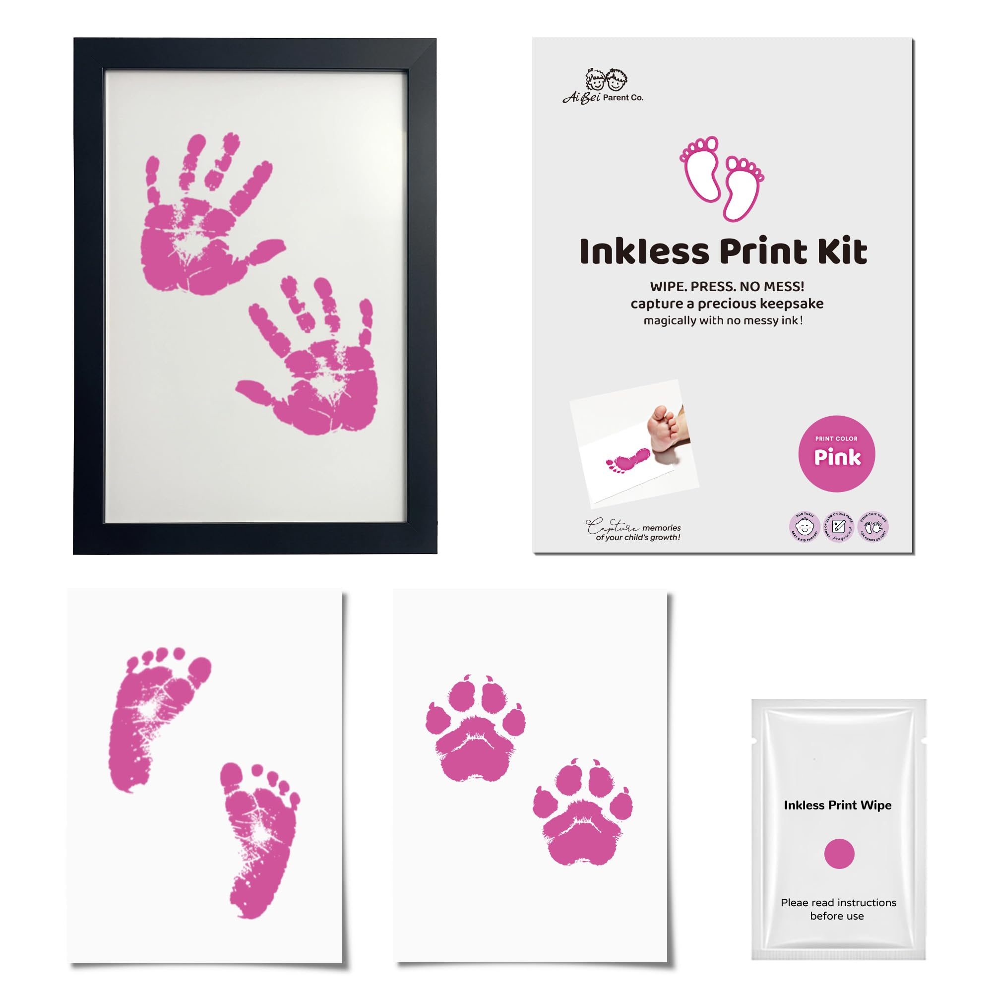 Set of 3 Baby Newborn Handprints and Footprint Print Set Including Photo Frame, Clean-Touch Inkless Ink Pad with Printing Card Paper, Easy to Wash, Baby Room Decor，Black