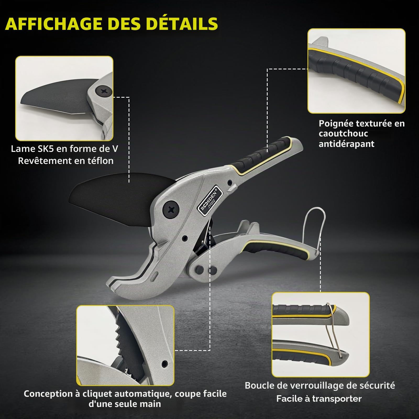 BOOSDEN Pince Coupante PVC 42mm Coupe-Tube Crémaillère Professionnelle | Mécanisme crémaillère coupe nette, lame acier SK5 trempée, coupe 42mm PVC/PP/PE plomberie/électricien/installation