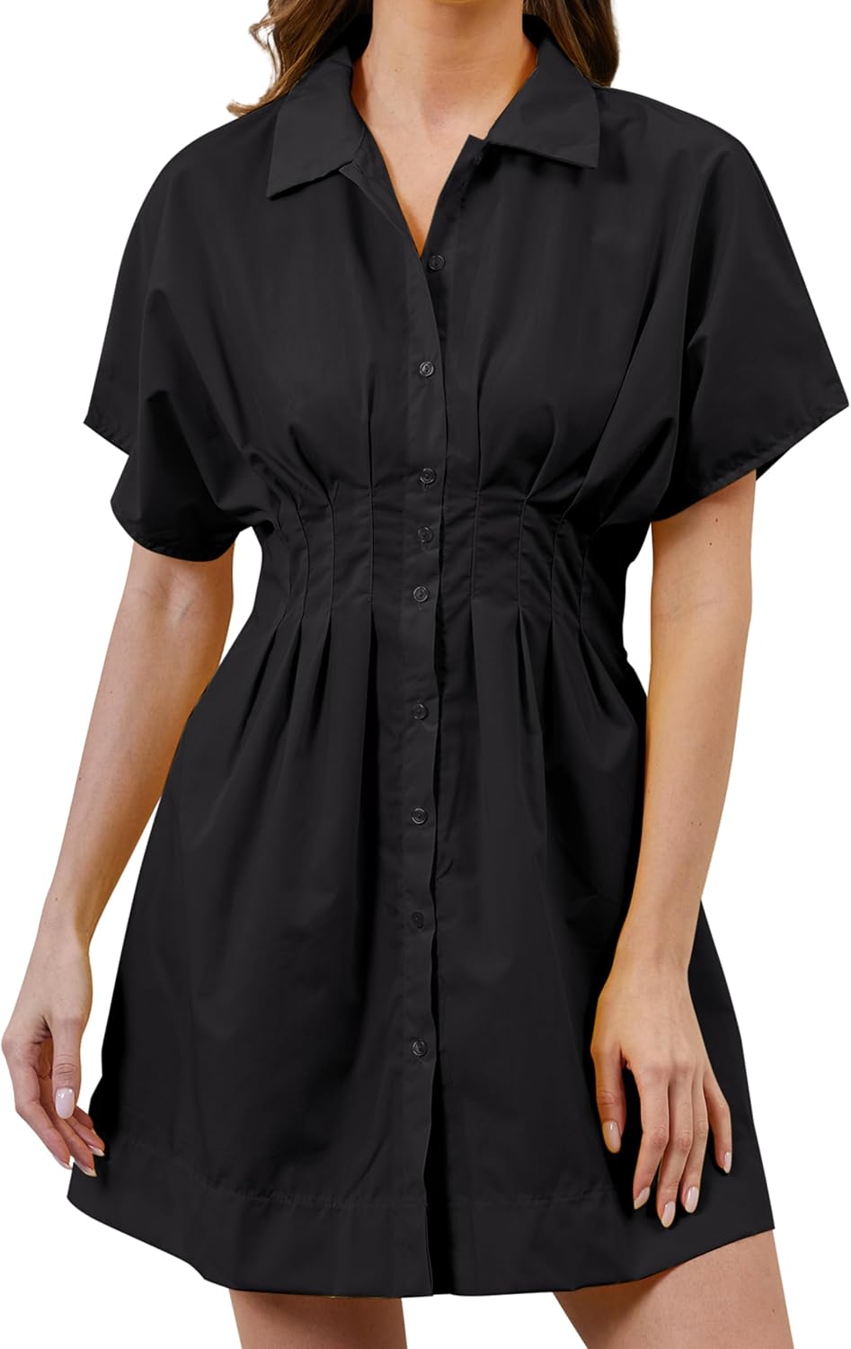 Women Button Down Pleated Shirt Dress Summer Short Sleeve Blouse Striped Print Corset Mini Dresses