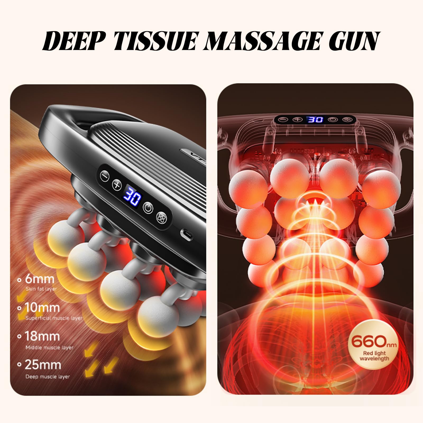 Pistolet de massage à 16 têtes pour le dos, les épaules, le cou, les jambes, les pieds, 3 modes et 30 intensités pour la relaxation musculaire (gris)