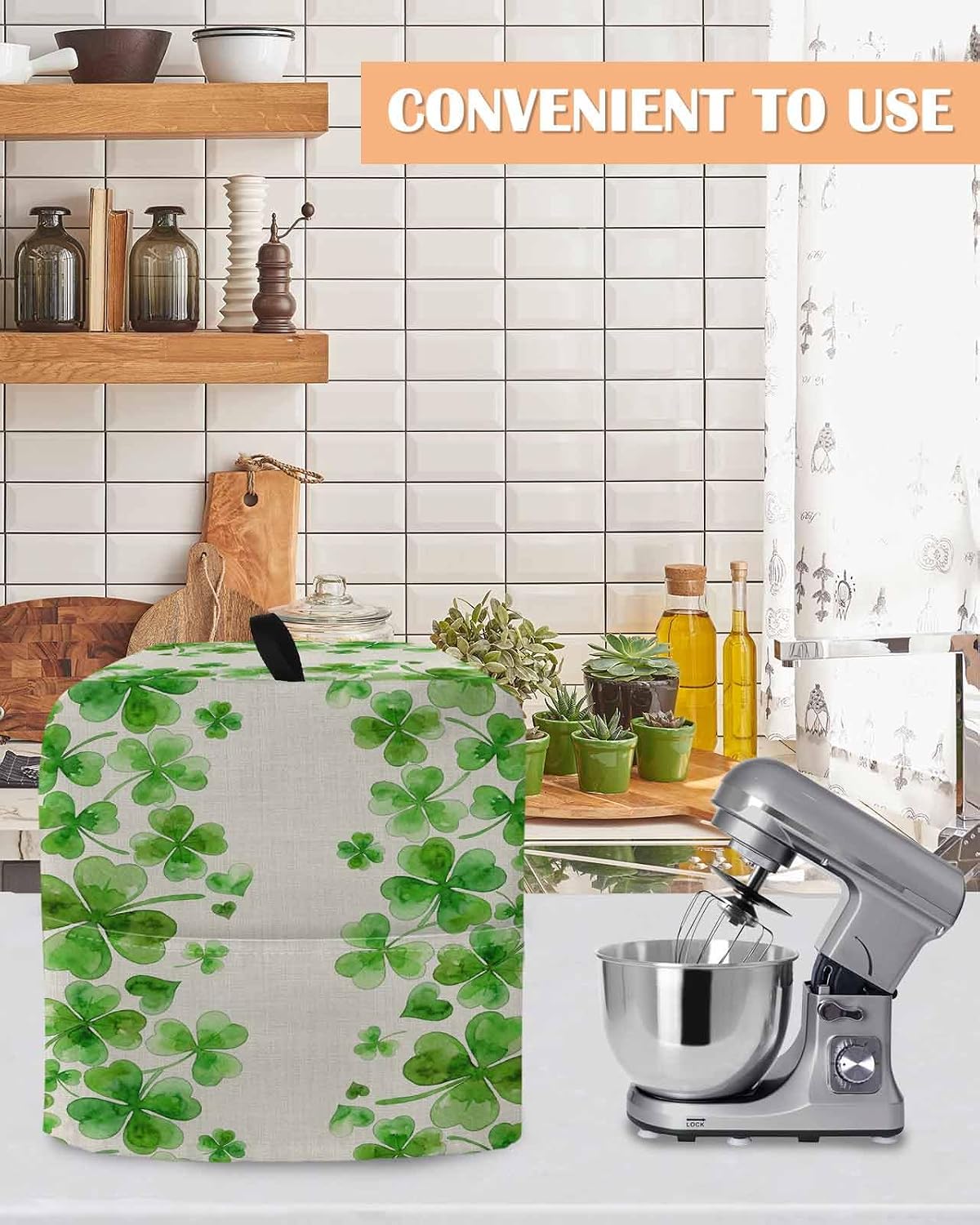 St. Patrick's Day Stand Mixer Cover with Storage Pocket, Waterproof Kitchen Mixer Covers, Watercolor Lucky Clovers Green Rustic Kitchen Appliance Dust Cover Compatible with 4/4.5 Quart Mixers