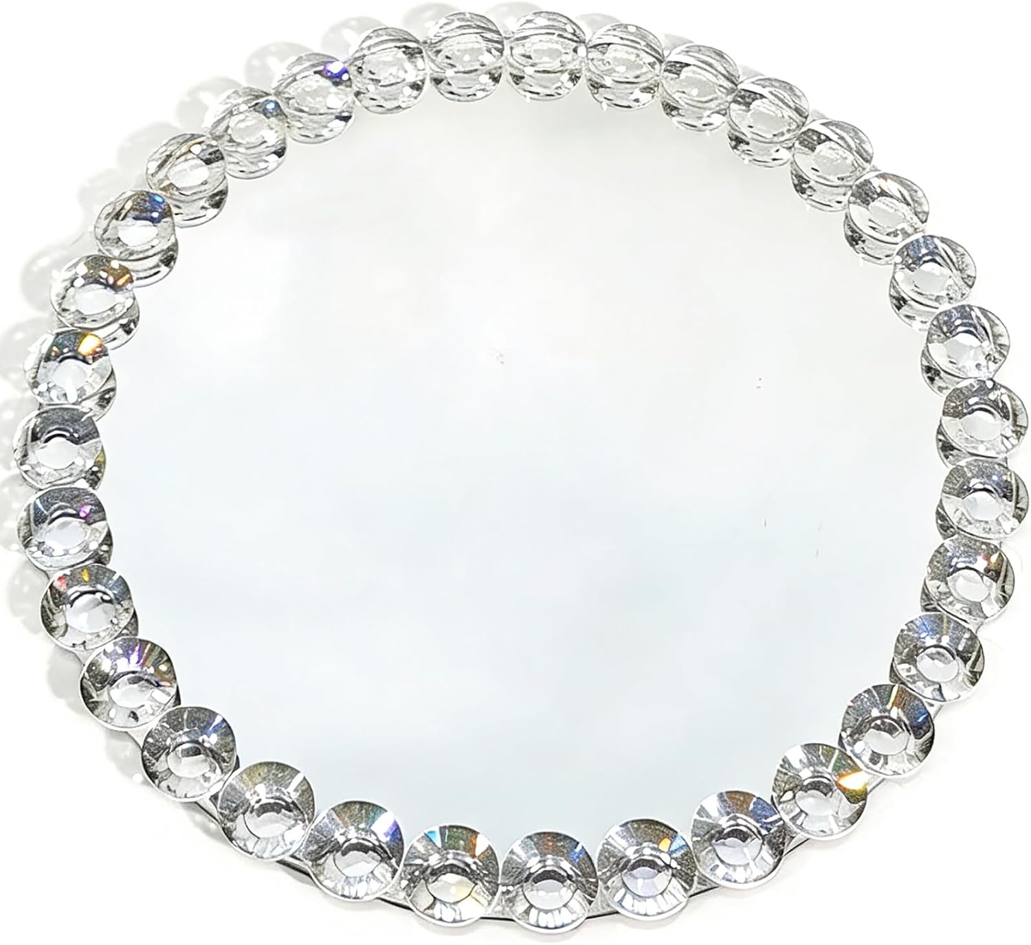 Round 12-Inch Crystal Bead Mirror Tray – Vanity Organizer, Perfume & Jewelry Display, Decorative Silver Tray for Bathroom, Dresser, Coffee Table, Living Room, Office & Hotel Banquet