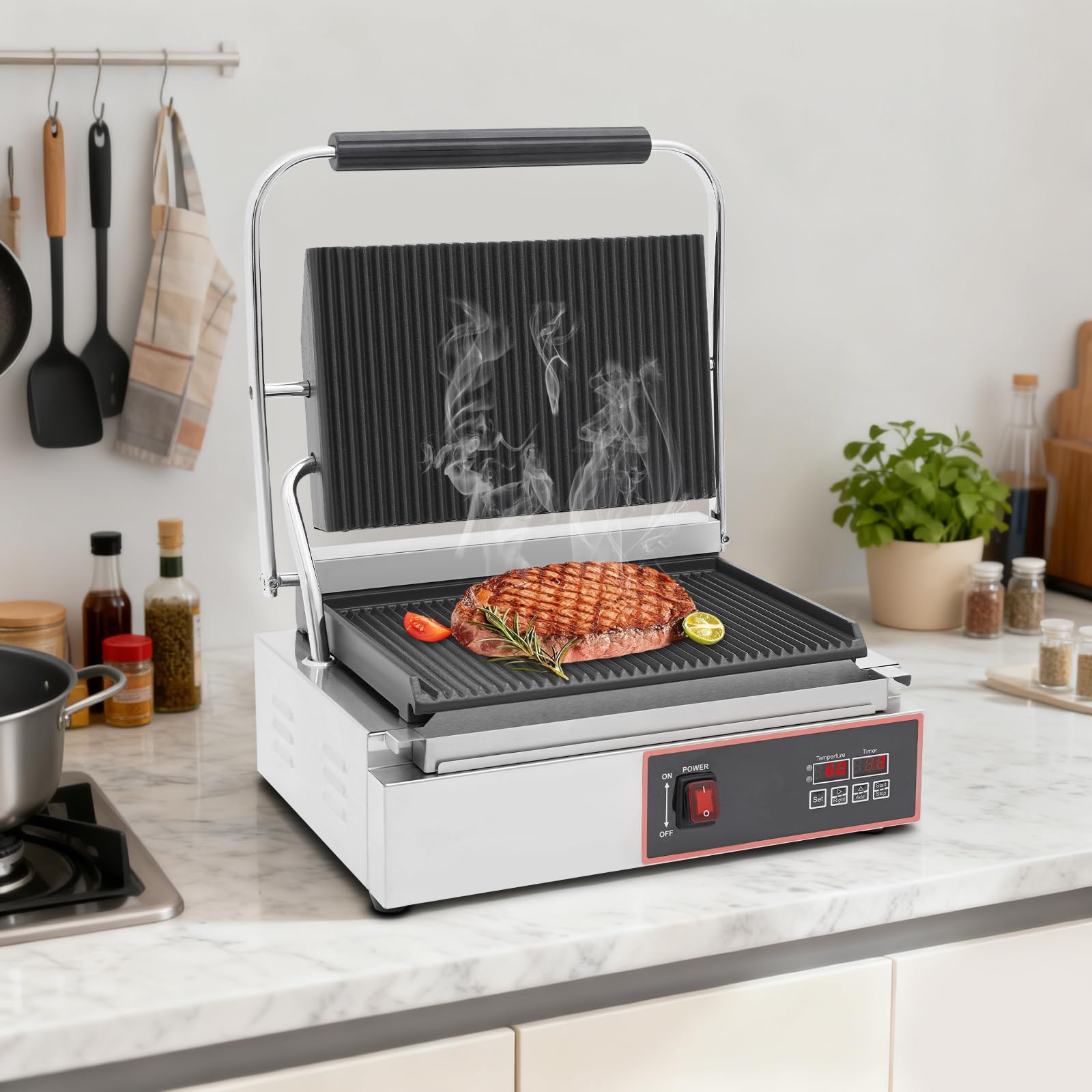 Griglia elettrica a contatto per panini, 2200 W, rivestimento in ceramica, doppia piastra riscaldante con display LED, per hotel, ristorante, caffetteria