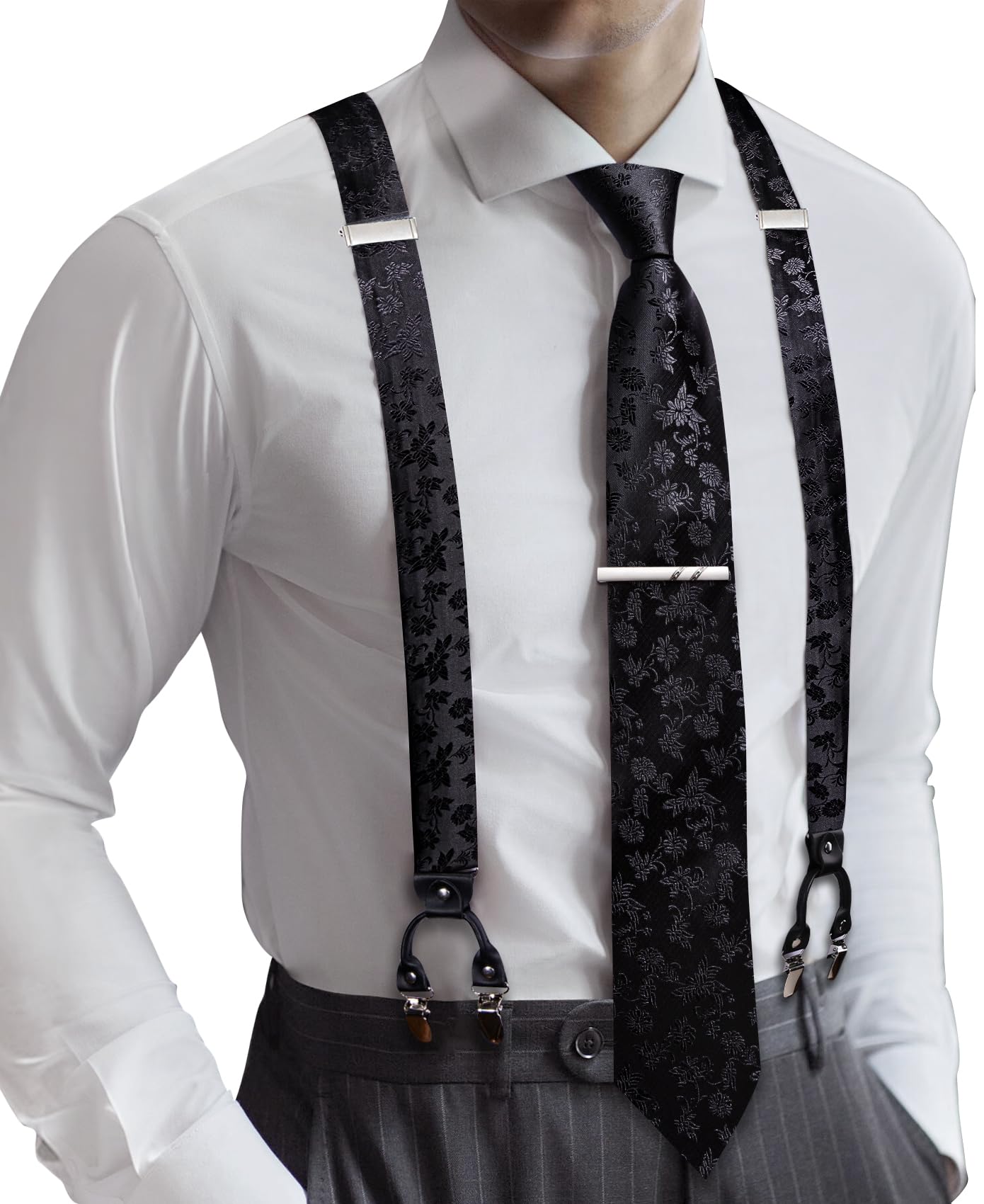 Barry.Wang Men Suspender Tie Sets Elastic Heavy 6 Clips Hanky Cufflink 5PCS | Classic Suspender Set for Man Necktie Y Type Adjustable Heavy Duty 6 Clips Braces Pocket Square Cufflinks Party