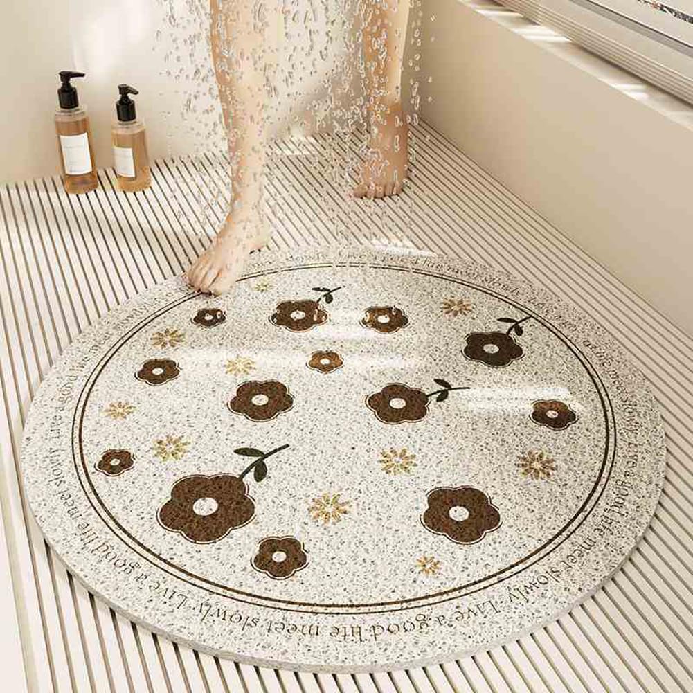 Round Non Slip Shower Mat,Circle Loofah Bathtub Mats with Drain Holes,Quick Drying Wet Areas Floor Rugs Massage The Feet without Suction Cup (Coffee Flower,60cm)