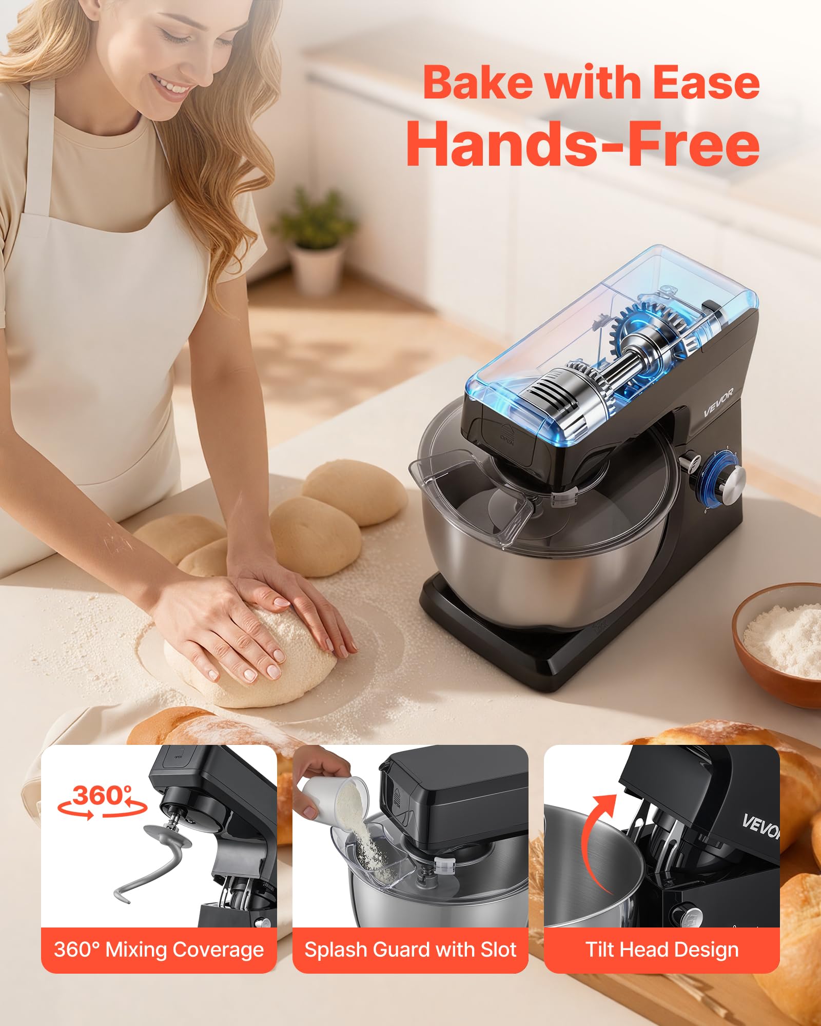 VEVOR multifunktionale Küchenmaschine elektrisch 1500 W mit Edelstahlschüssel (7,8 L) & Mixbecher (1,5 L), Knetmaschine Teigmixer mit 6+P Geschwindigkeiten & Knethaken & Schneebesen & Rührbesen
