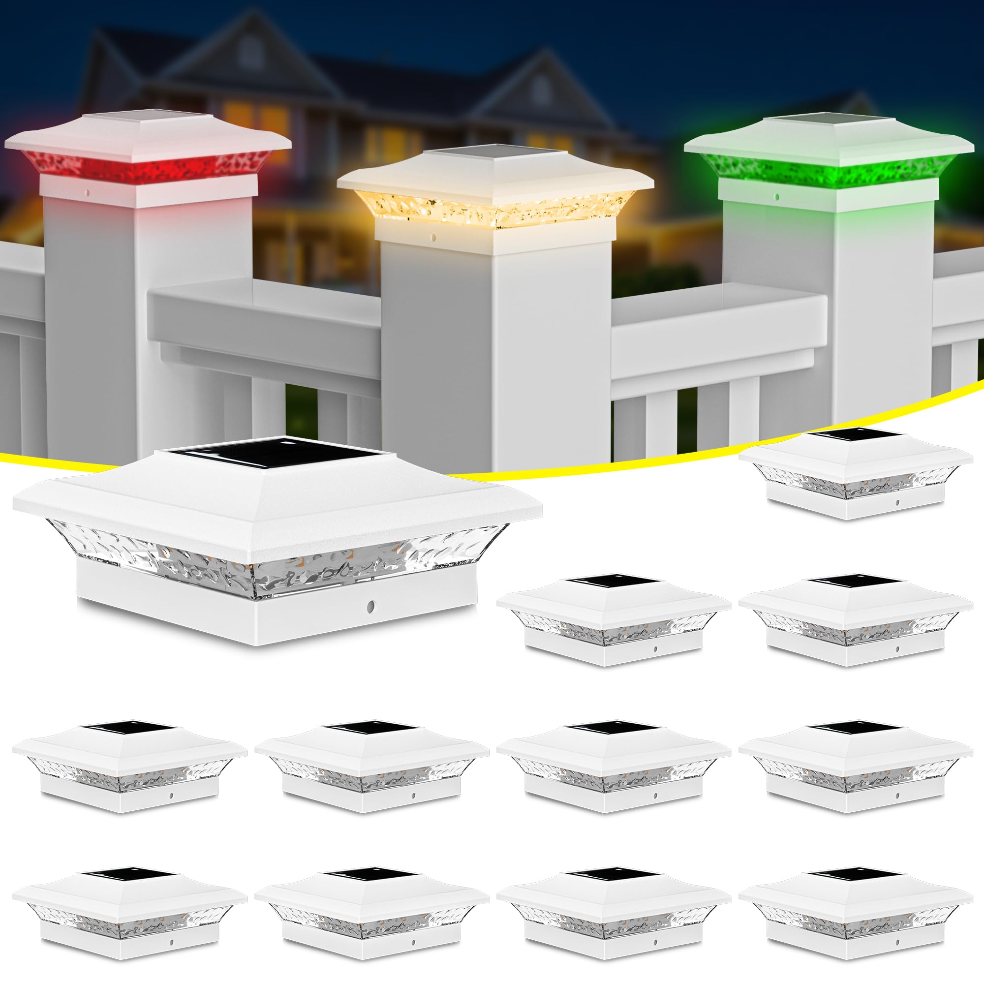 T-SUN Solar Post Cap Lights with Auto-Change Colors- for Vinyl & Wooden Posts Weatherproof Outdoor Solar Fence Post Lights for Deck, Porch, Garden & Stairs(12-Pack,RGB)