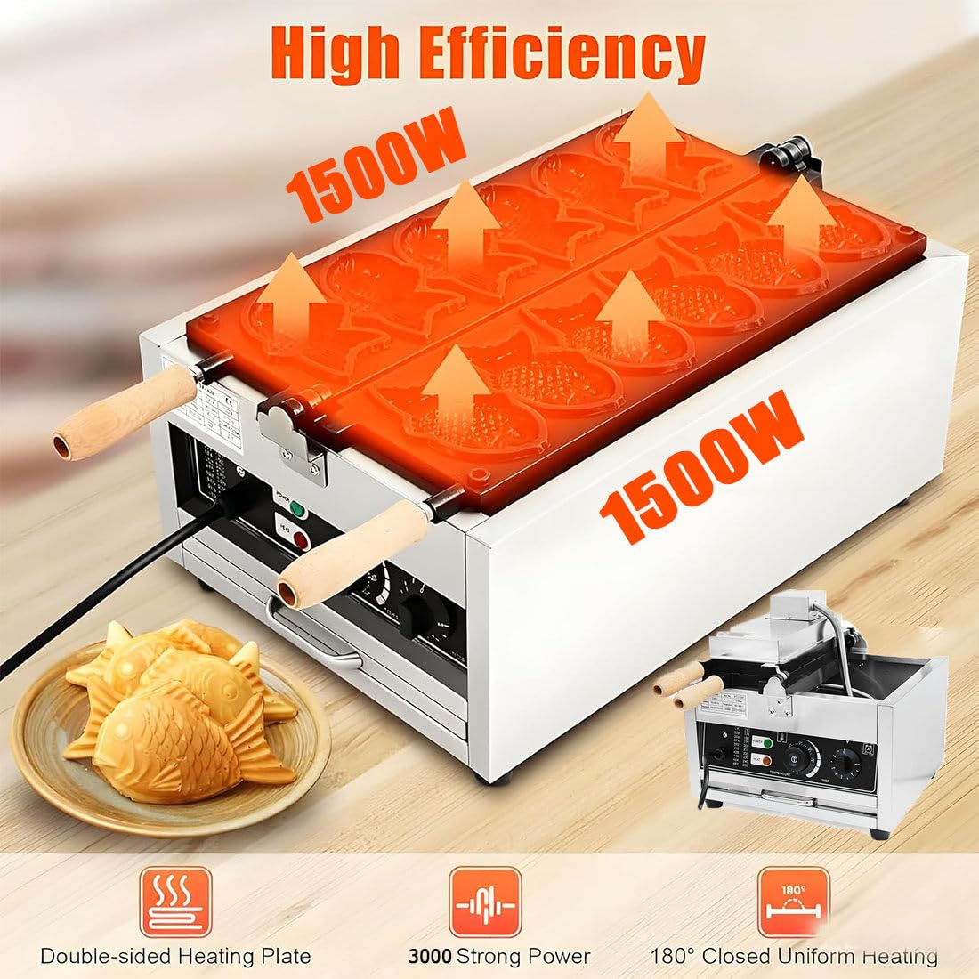 Máquina Eléctrica Taiyaki para Helado 3000w,con Diseño Doble Fila,6 Tablas Y Fuente para Hornear Teflón Antiadherente,Temperatura Ajustable 50 a 300 °c,180 ° Uniforme