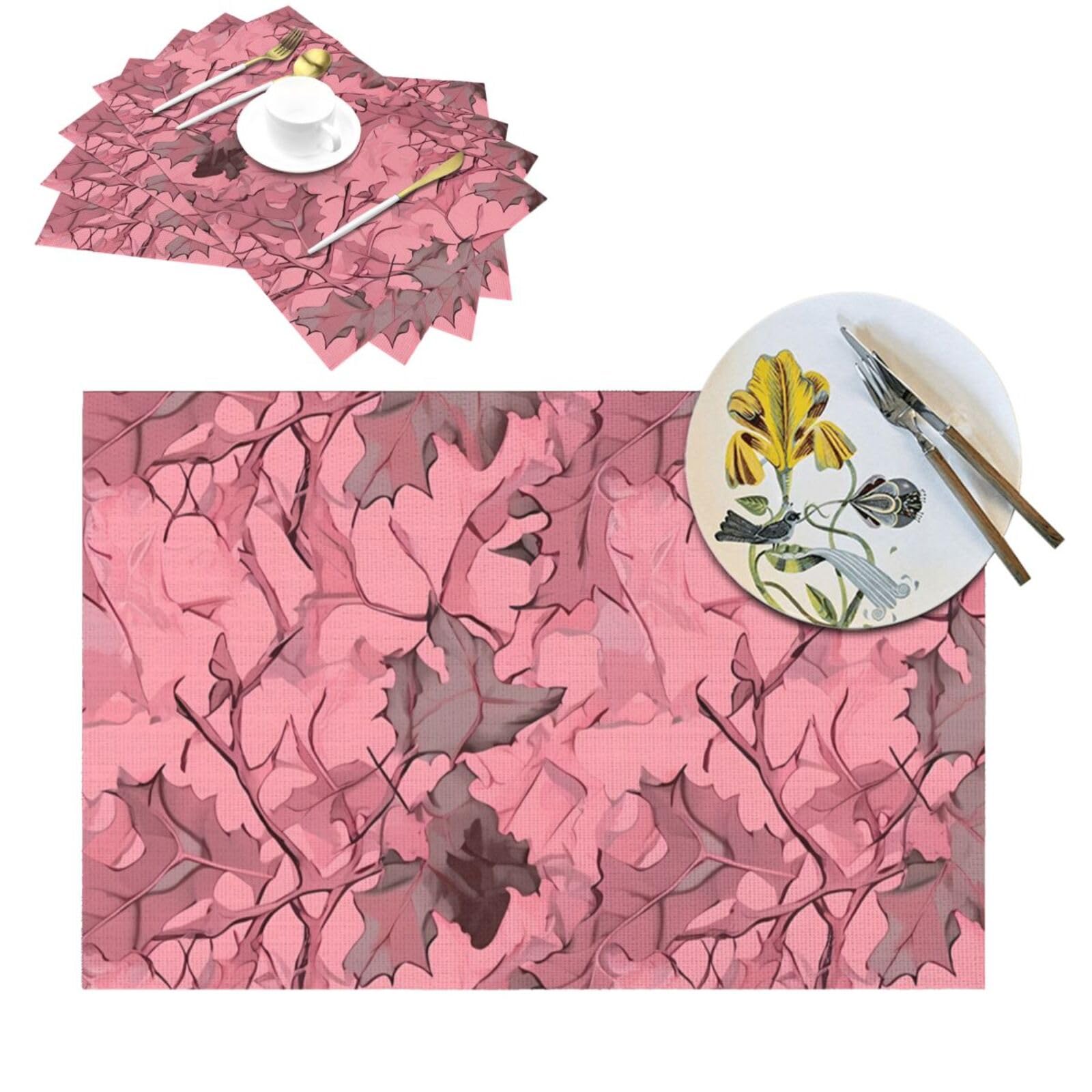 Set de table PVC antidérapant résistant chaleur lot 6 feuilles roses camouflage