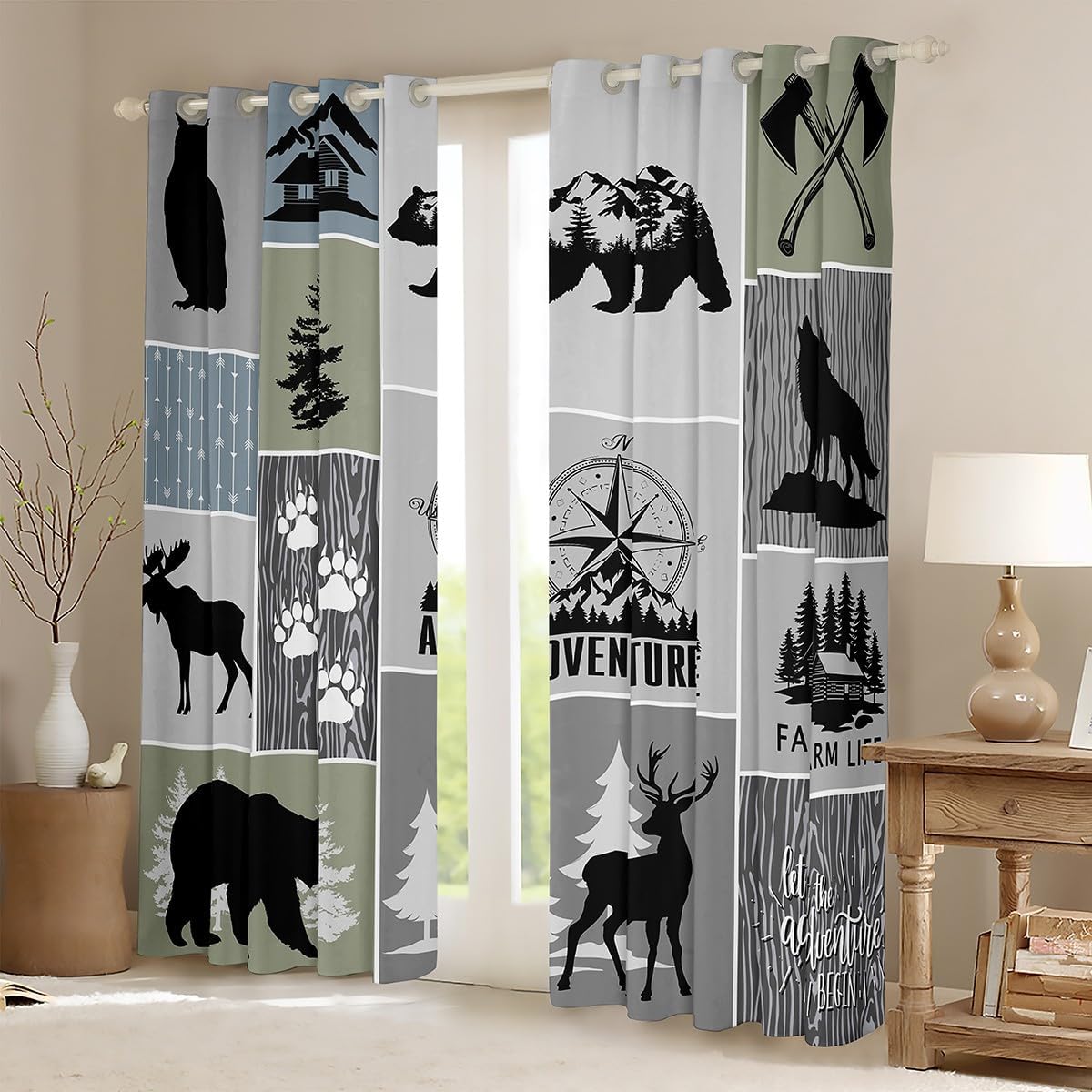 Manfei Rustic Farmhouse Cabin Kids Blackout Curtains,Deer Bear Hunting Adventure Window Drapes for Boys Girls Adults,Geometric Plaids Gray Green Window Treatments Grommet Top 2 Panel Set,42Wx84L inch