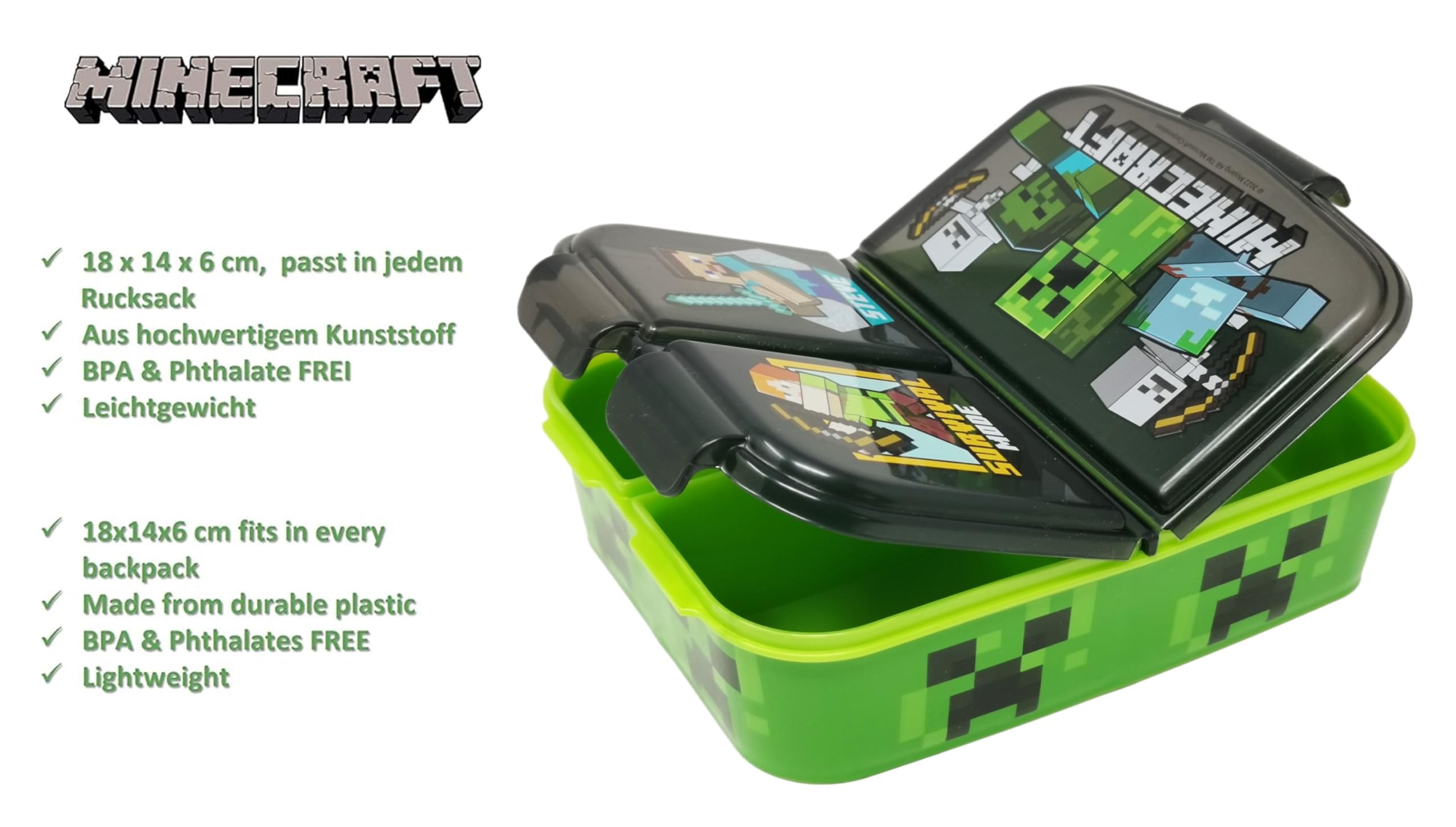 Theonoi Brotdose Set Minecraft Creeper Kinder Lunchbox Sandwichbox mit Unterteilung /Fächern und Trinkflasche Wasserflasche aus Stahl (Schwarz)