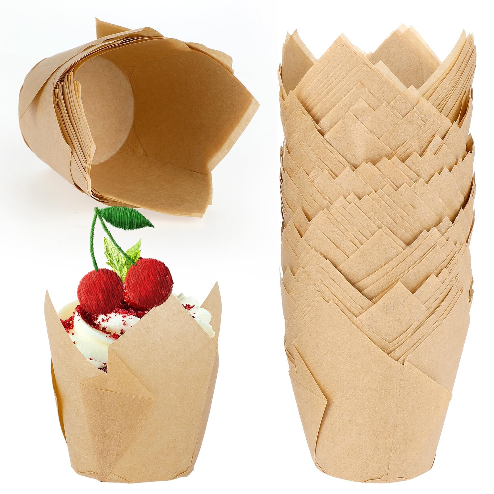 200pcs Natural Tulip Muffin Cases for Baking, Unbleached Baking Cups Cupcake Wrapper for Party, Cupcake Wrapper for Party, Wedding, Birthday, Christmas