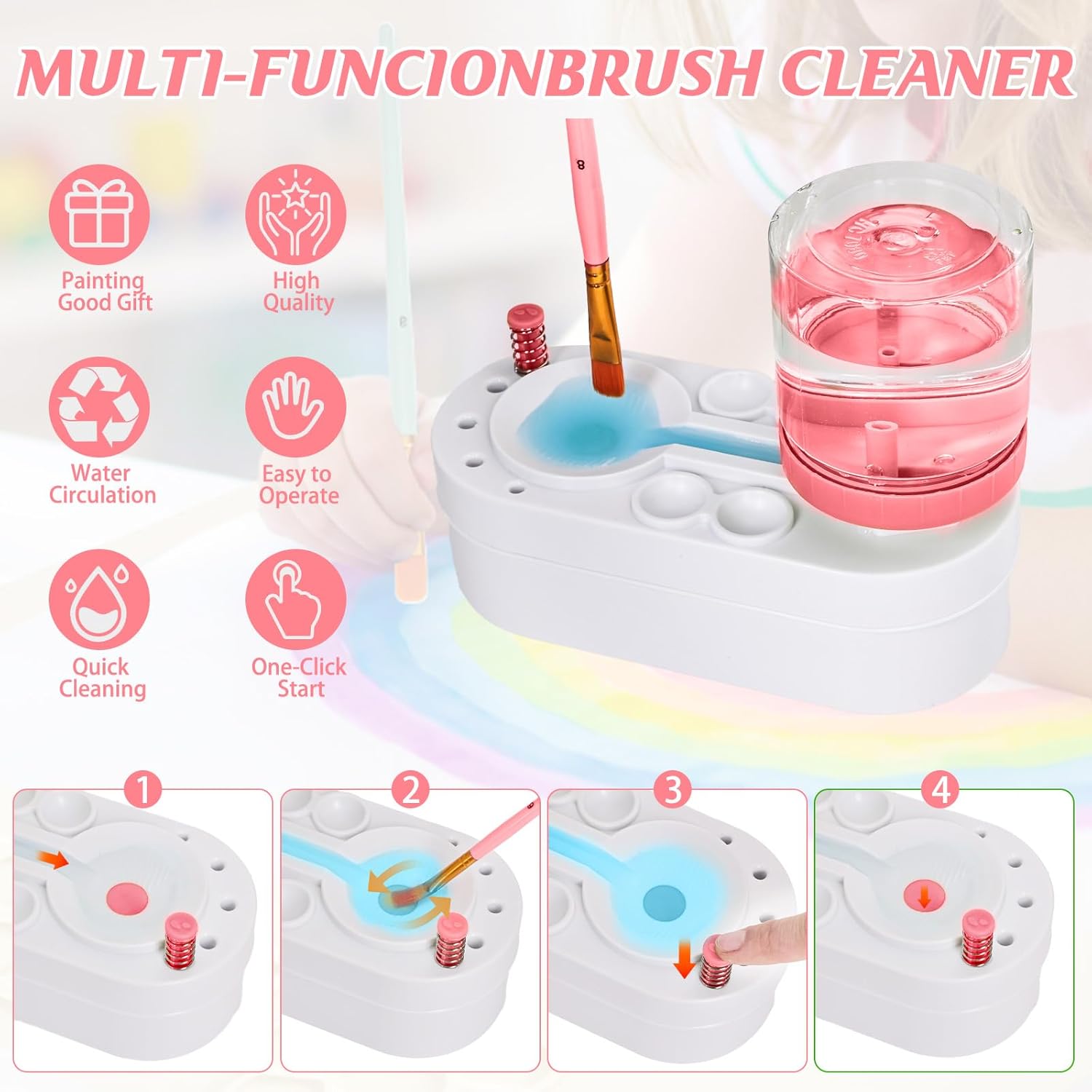 Painting Station, Paint Brush Cleaner (Pre-Assembled) and Silicone Painting Mat 20"X16" Silicone Art Mat with 10 Paint Brushes for Artist Kids Adults Birthday Gifts (Pink)