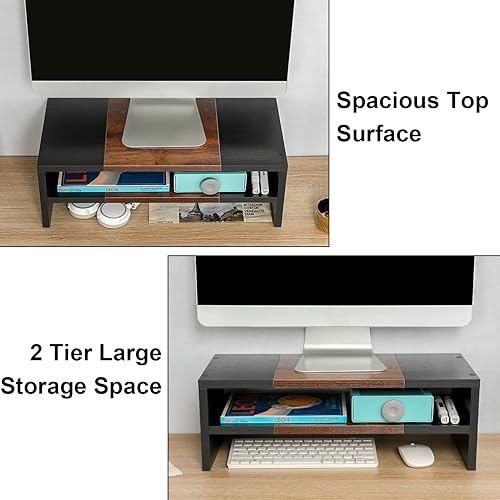 Miniatura 3 de TEAMIX Soporte elevador para monitor de escritorio de 2 niveles, soporte de impresora de 20 pulgadas con almacenamiento pequeño elevador de TV para