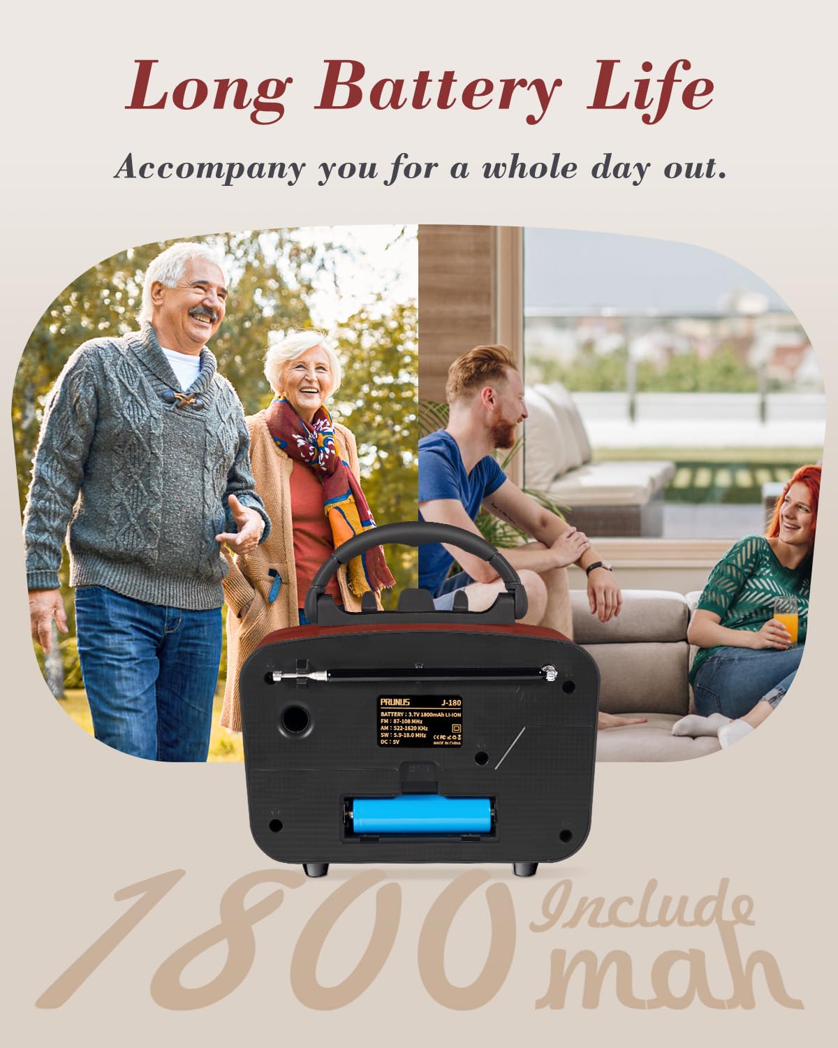 Poste Radio Vintage Rétro, PRUNUS J-180 AM/SW/FM Radio Portable Rechargeable avec Batterie 1800mAh, Bluetooth 5.0, Grand Haut-Parleur 5W, Fonction USB/TF/AUX