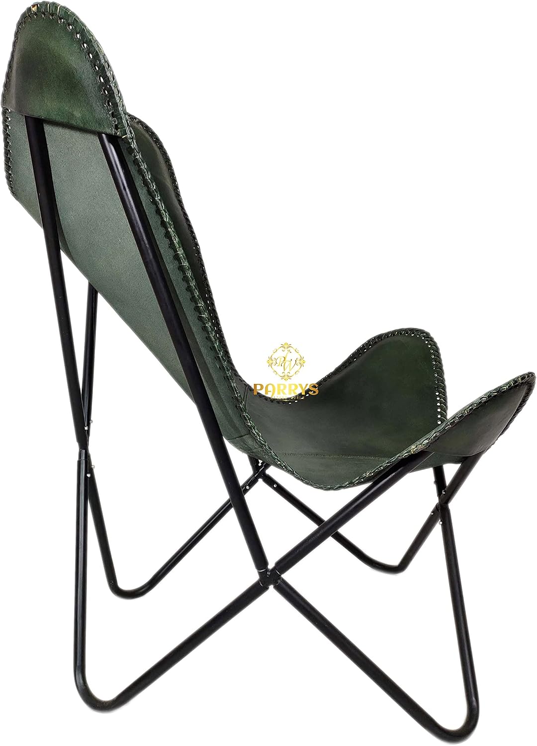 Poppys Handmade Green Leather Butterfly Chair – Genuine Leather Accent Chair with Folding Iron Frame for Living Room, Lounge, or Office – Vintage Boho Home Decor Furniture