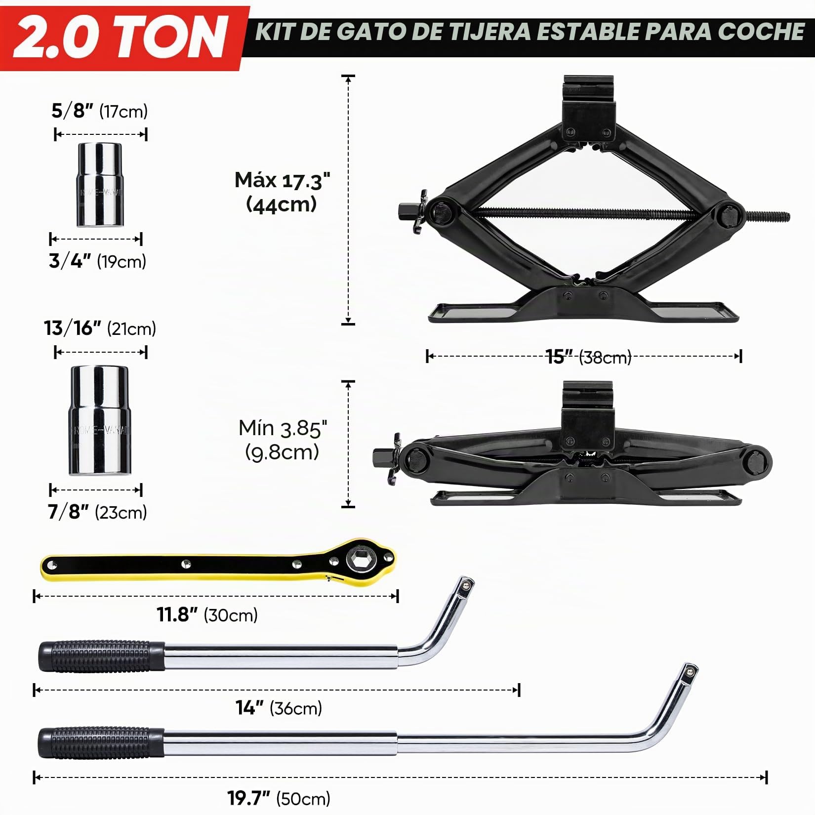 SHALL Kit de gato de tijera de 2 toneladas, base extra larga y ancha, neumático de elevación de 98 mm a 400 mm, juego completo de cambio de neumáticos (trinquete, llave de rueda y guantes) para
