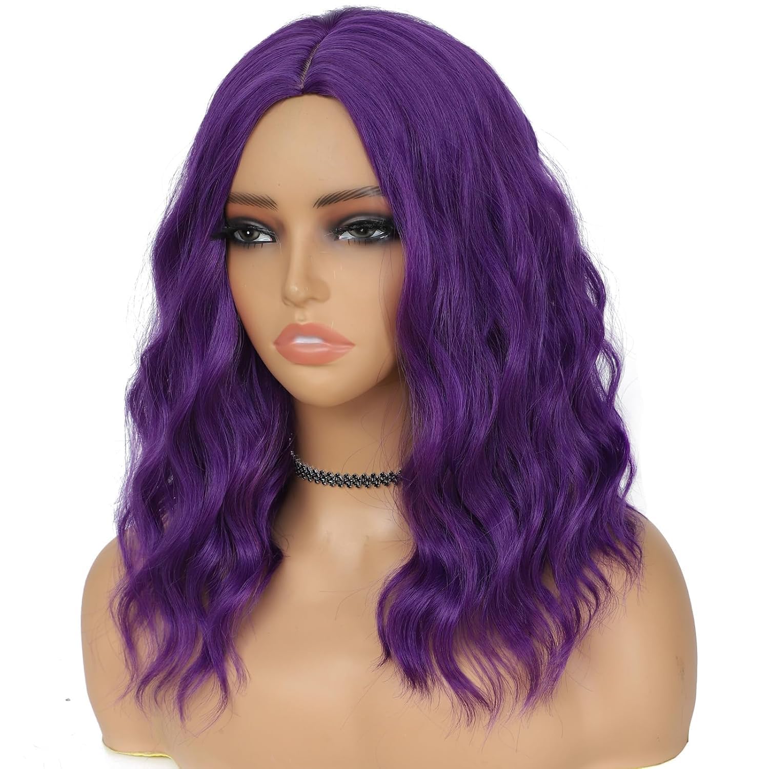 PORSMEER 14 Inches Short Purple Wavy Bob Wig Middle Part for Women Beach Wave Wigs for Halloween Costume Party,Compatible with Tonks Wig or 1940S - Image 2