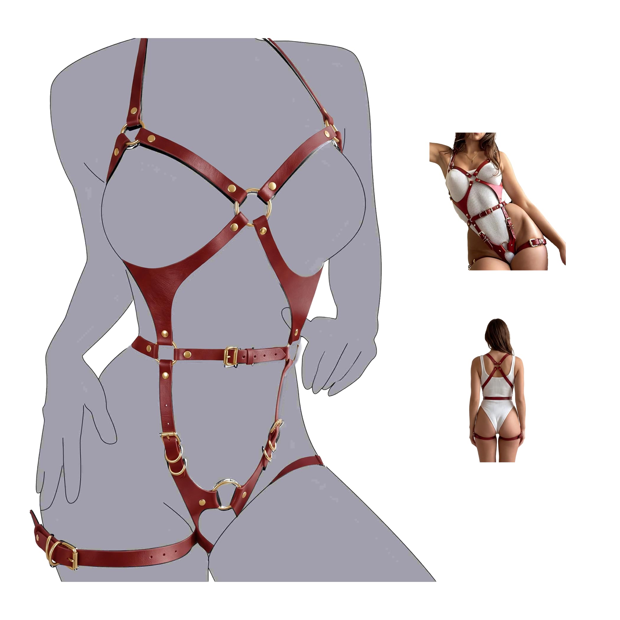 Leather Body Harness for Women, Adjustable PU Leather Chest Waist Cage Belt with Thigh Garter Rings, Gothic Punk Rave Festival Outfits Clubwear Accessories