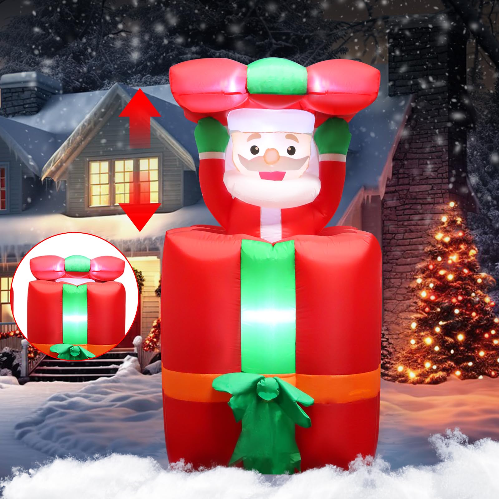 Inflatable Santa Outdoor, Automatic Up and Down Santa Claus in Gift Bag, Blow Up Santa Outdoor with Built-in LED, 5FT Inflatable Christmas Decorations for Xmas Party, Garden,Indoor Outdoor Decoration