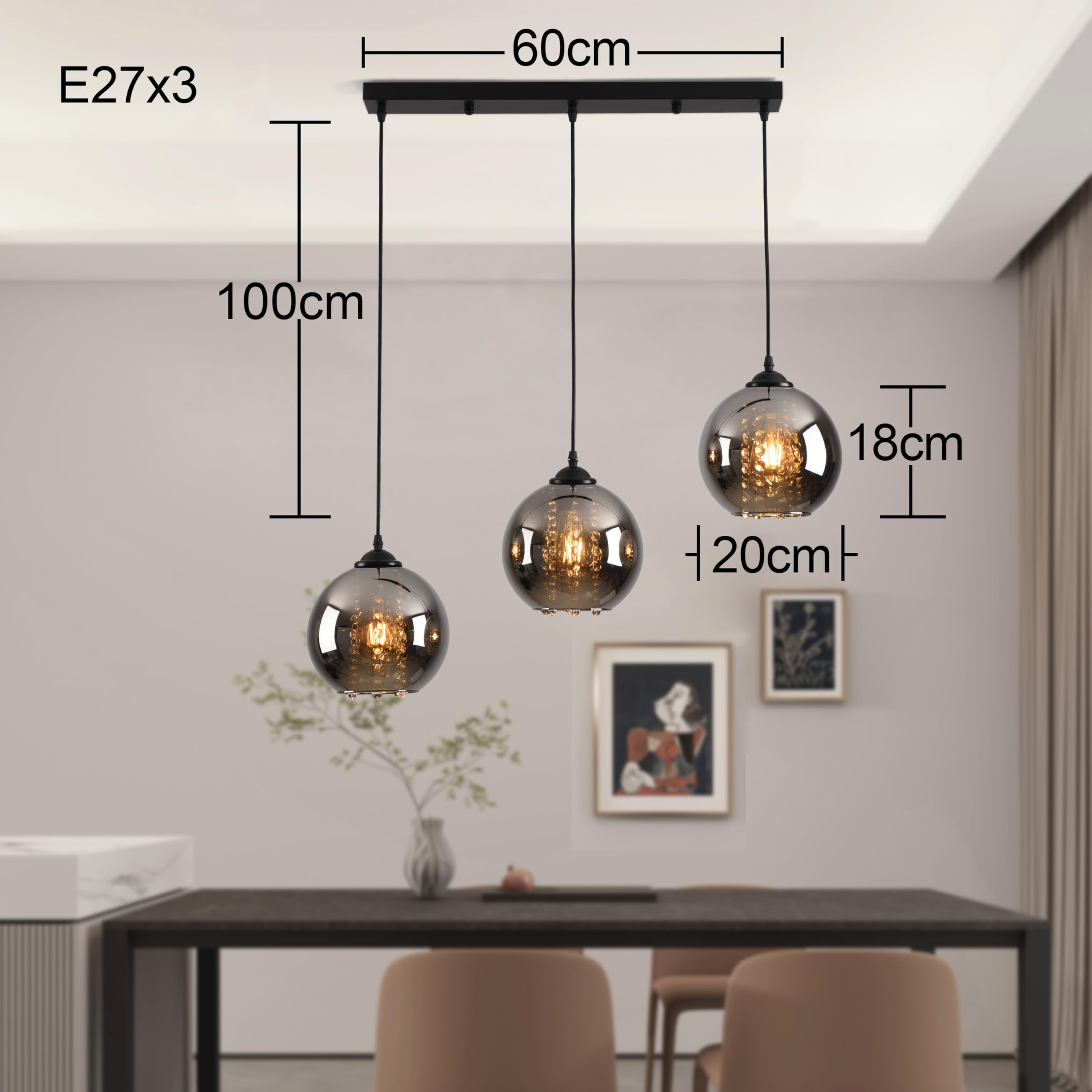 Pendelleuchte Esstisch 3 Flammig Rauchgrau Glas Hängelampe | Höhenverstellbar Esszimmer Lampe Hängend Vintage Esstischlampe Hängend Schwarz E27 für Küchen Esszimmer Wohnzimmer
