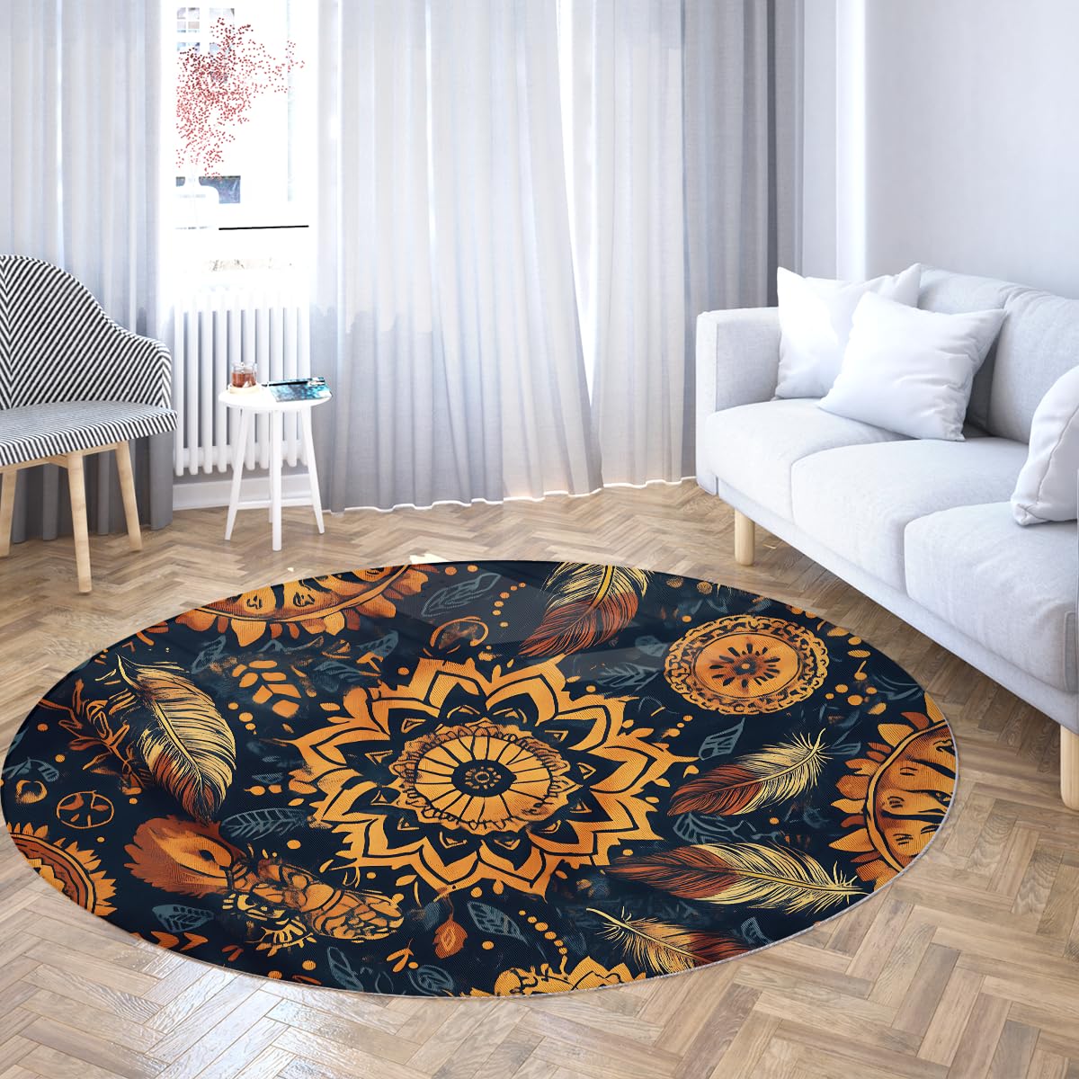 Waschbarer runder Teppich Vintage Ethnic Tribal Blumenfedermuster Kreis Teppiche für Schlafzimmer Weicher Rutschfester Boho-Teppich für Wohnzimmer 80cm