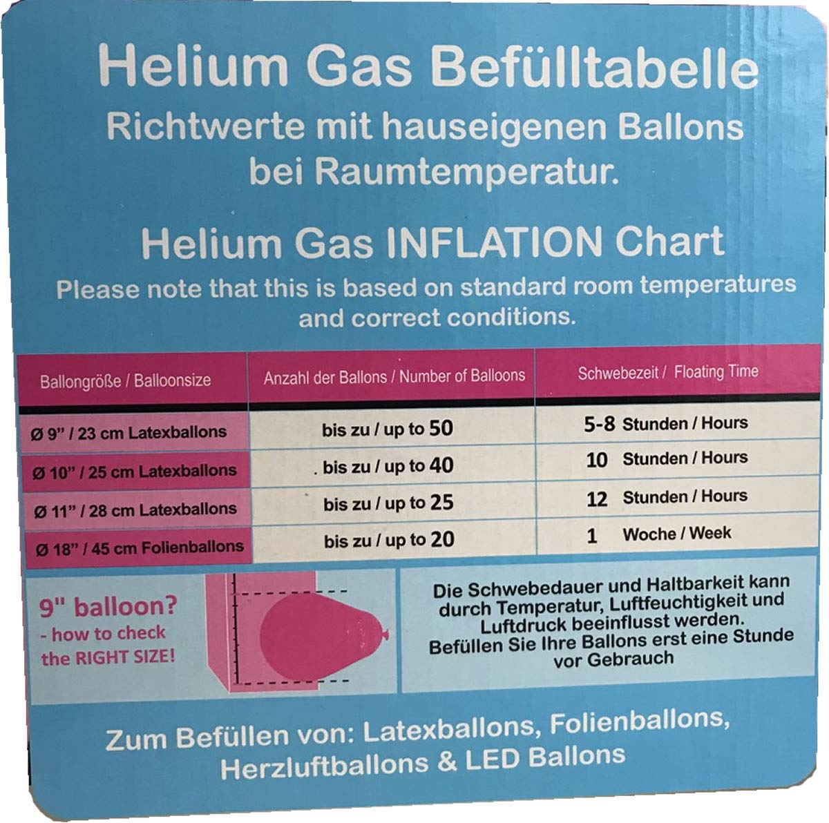 Helium-Flasche für ca. 50 Luftballons Folienballons Ballongas 400 Liter (0,40 m³) Helium Ballongas