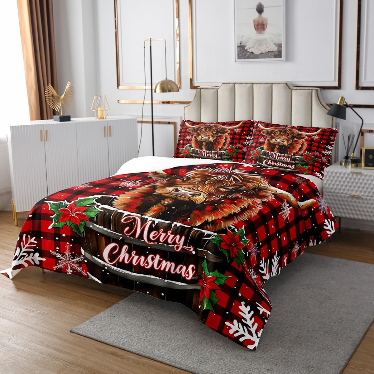 Erosebridal Highland Cow Flower Bedspread Queen Longhorn Bull Cattle Quilt Set Wildlife Farmhouse Cow Coverlet Set for Kids Adults,Western Animals Bedding Quilted