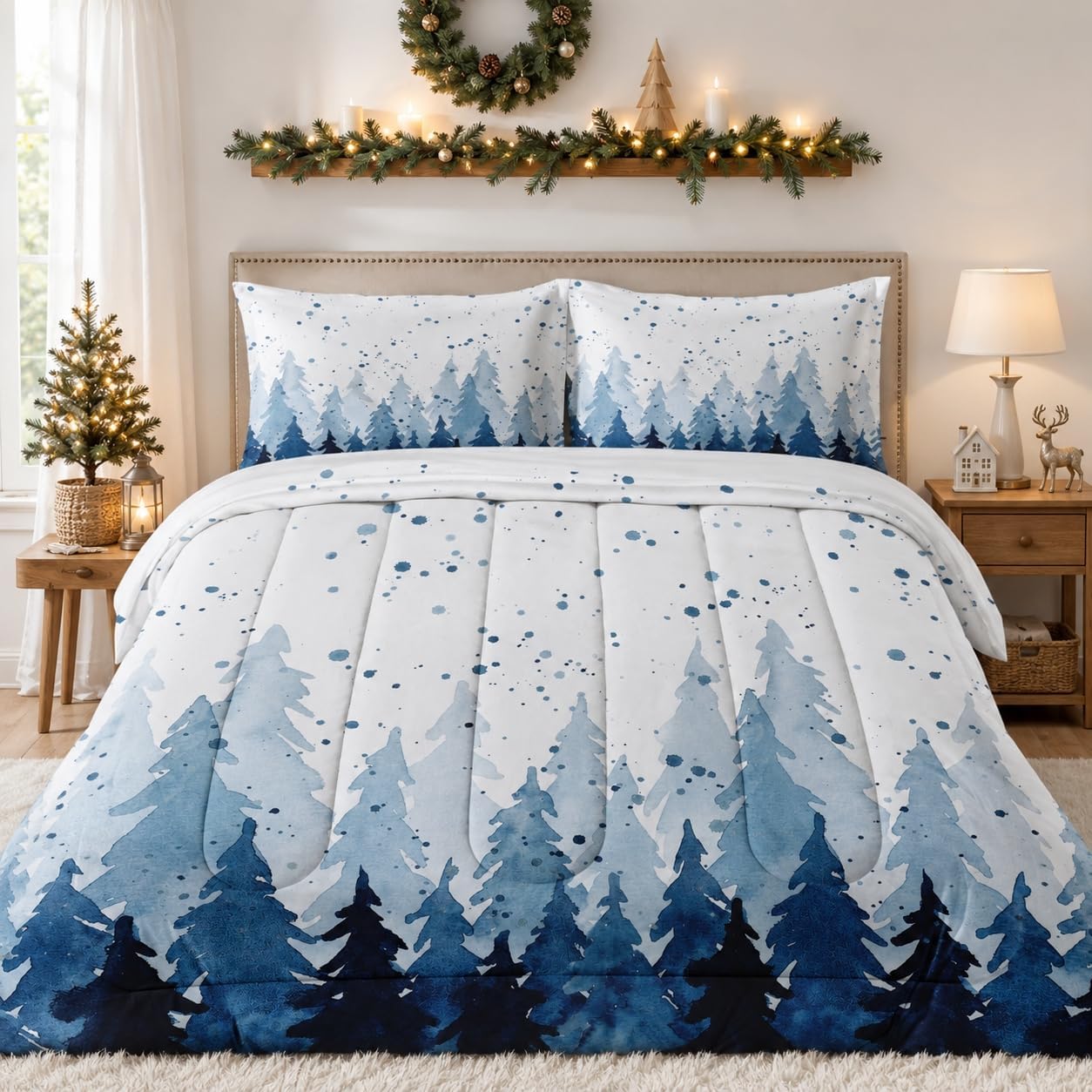 Pamnest Queen Christmas Comforter Set, 3 Pieces Snow Winter Bedding