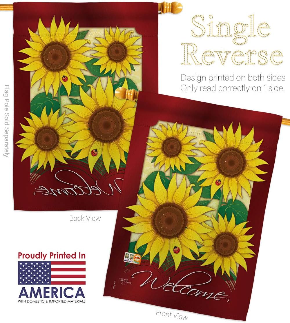 Welcome Sunflowers House Flag Garden Floral Sunflower Tulip Rose Orchid Lilies Season Springtime Flower Wreath Small Decorative Gift Yard Banner Made In USA 28 X 40