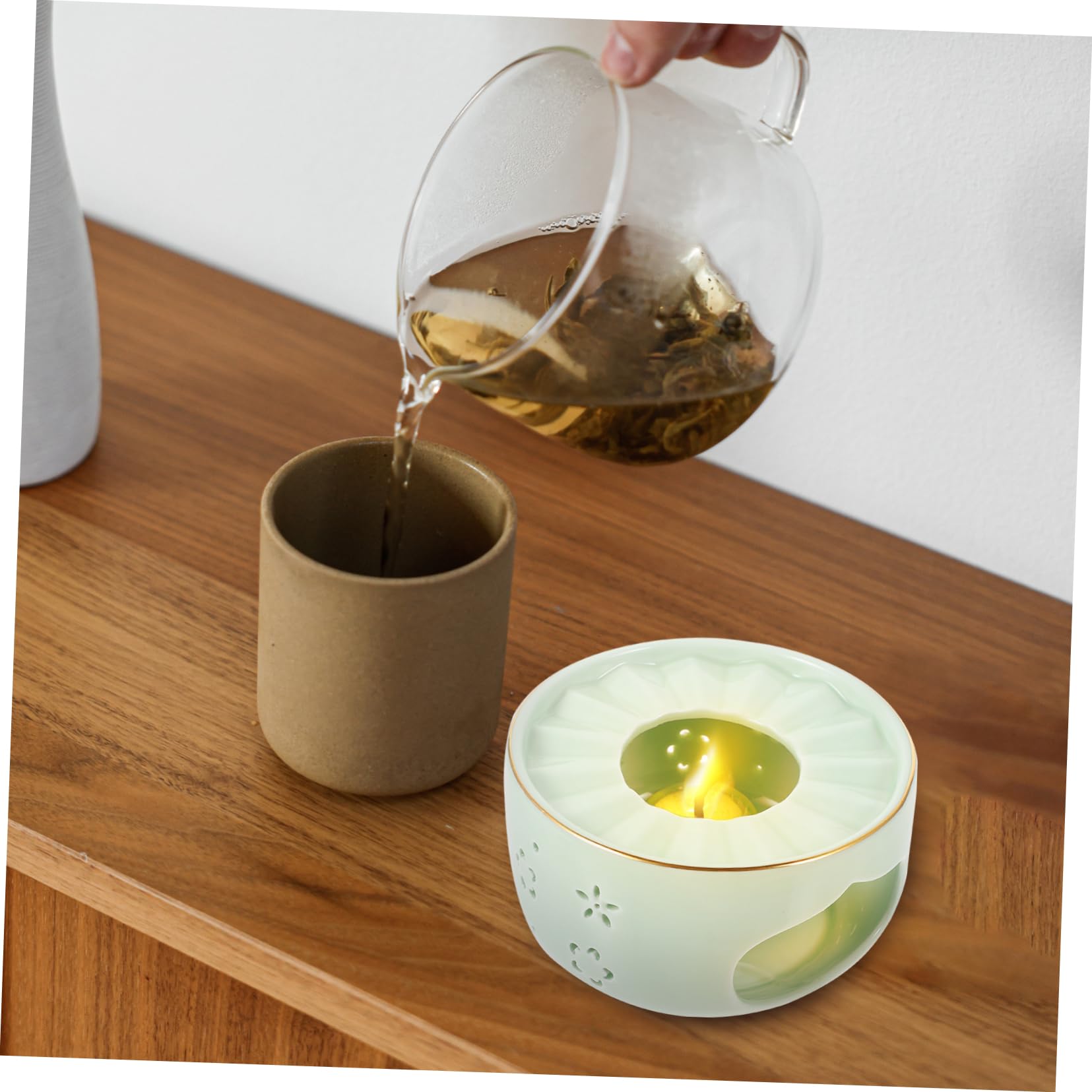 COLLBATH Calentador de Calentar de Tetera Verde en Cerámica Diseño Hueco Resistente Estilo Retro Simple para Té Casa