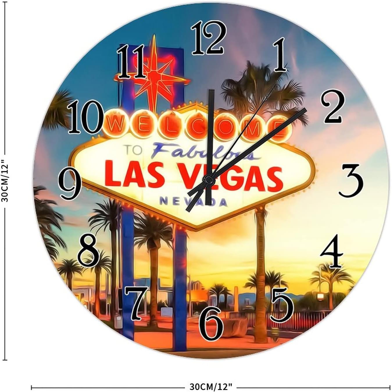 USA City Casino Las Vegas Wooden Wall Clock City in Nevada State Wall Clocks Travel Lovers Gift Wood Round Clock Battery Operated Silent Hanging Wall Clocks for Living Room 12inch