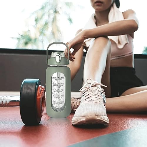 Miniatura 7 de Botellas de agua de 64 onzas con pajilla, botellas de agua de vidrio con marcador de tiempo y funda de silicona, botella de bebida deportiva