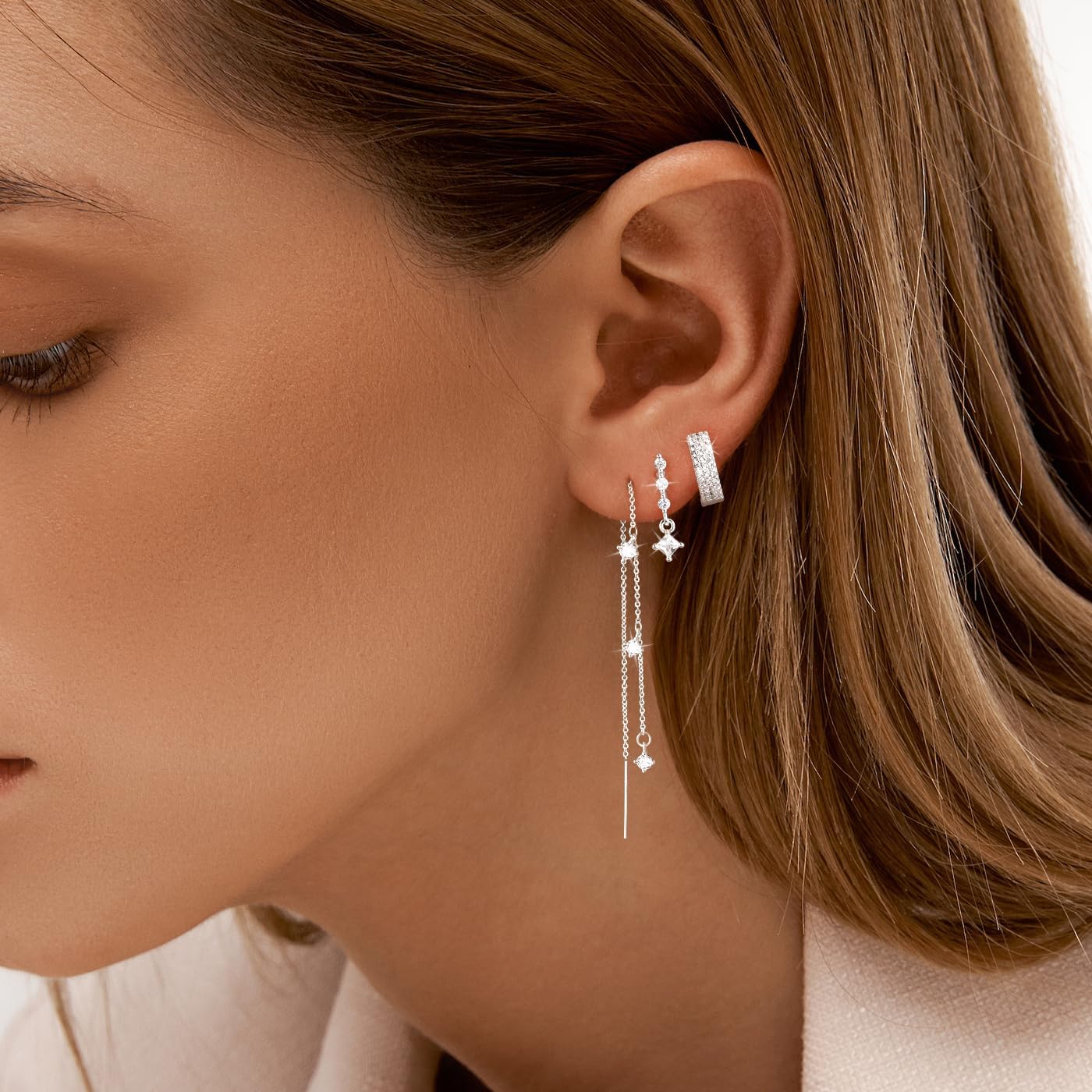 NECOCY Christmas Gift 14K Gold Plated Chain Earrings for Women 3/4 Pairs Dangle Dainty Stack Hoop Earrings Set Trendy Cubic Zirconia Stud Earrings for Women Jewelry - Image 6