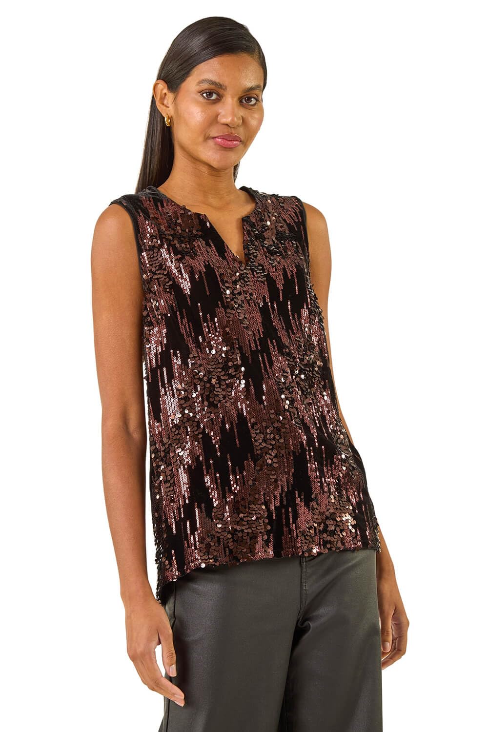 Roman Women's Chocolate Sequin Velvet Notch Neck Top