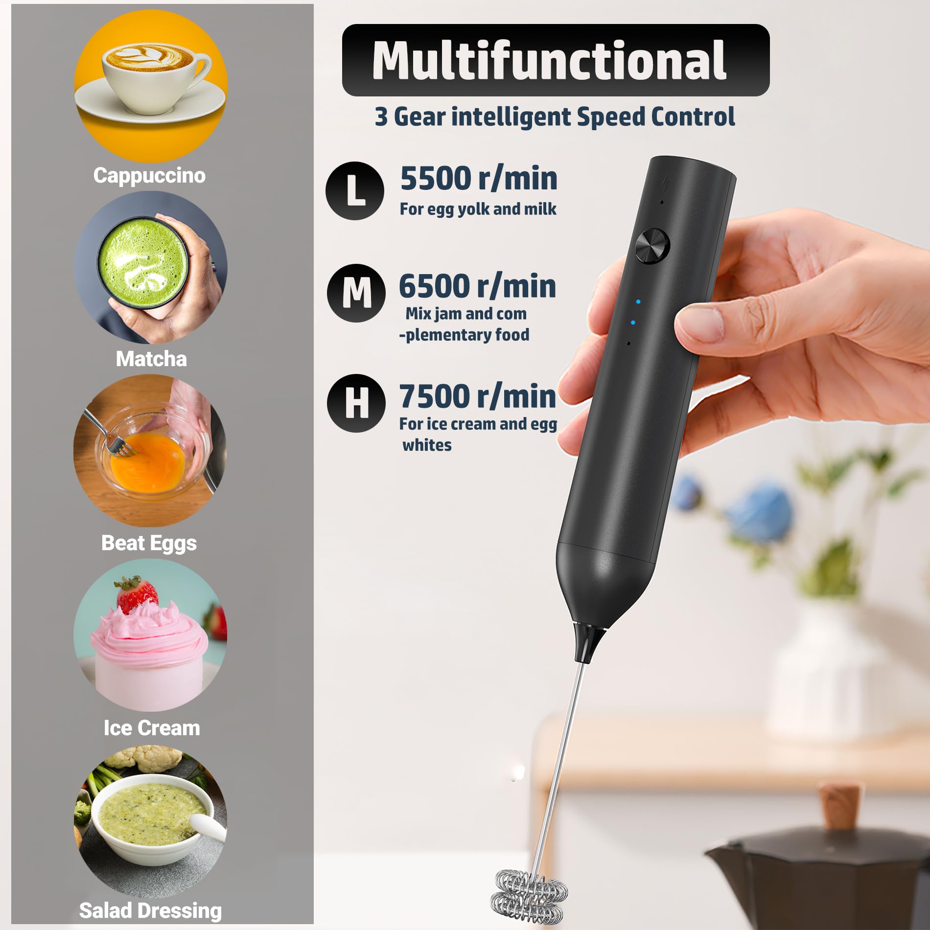 CIRCLE JOY Montalatte Elettrico Ricaricabile, Frullino a Immersione Senza Fili, Doppia Testa Portatile Schiumalatte per Caffè, Latte, Cappuccino, Matcha, Cioccolata Calda, Nero