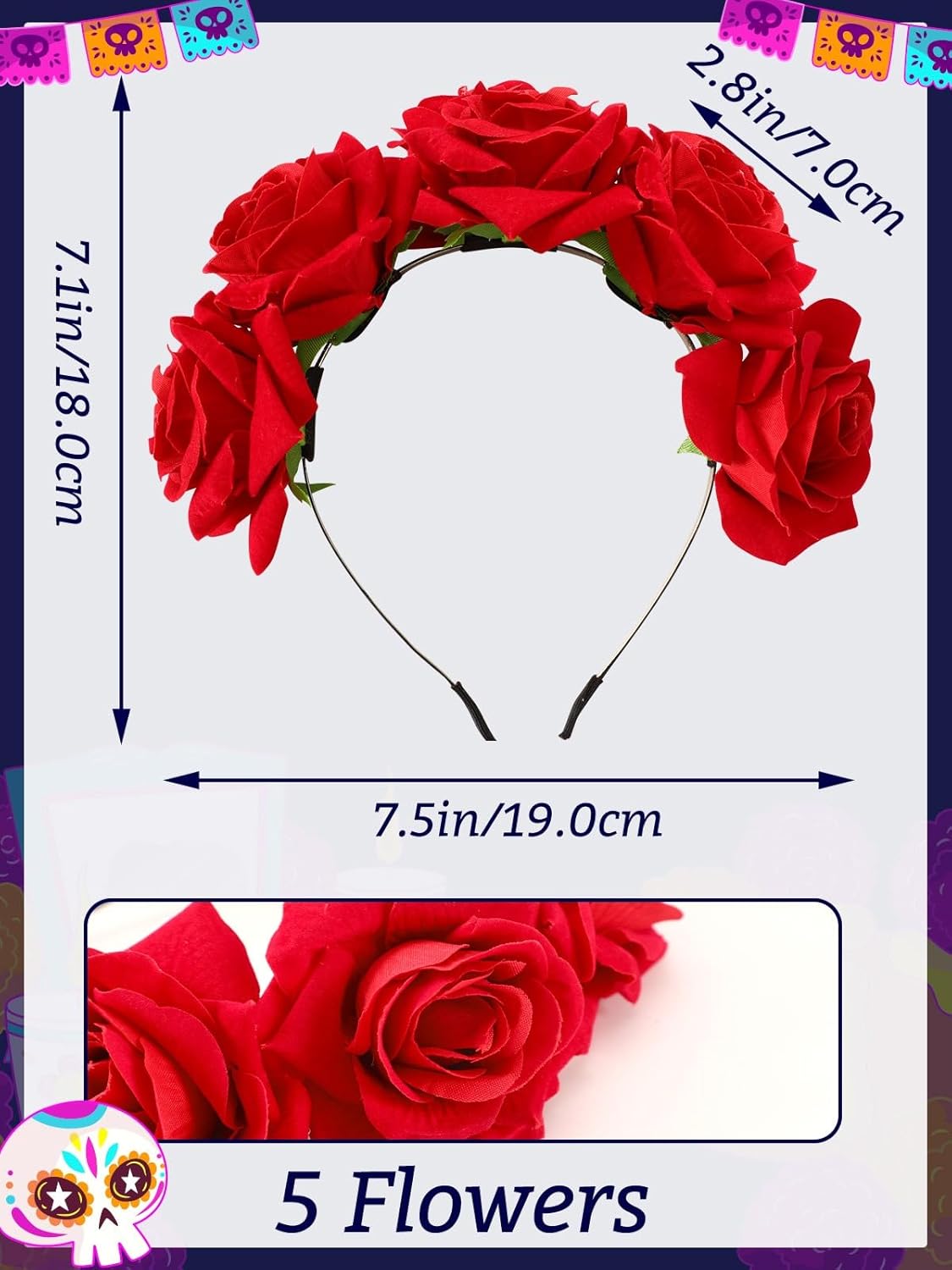 4 Pcs Day of the Dead Costume, Day of the Dead Flower Headpiece Lace Choker Black Lace Hand Harness Gemstone Earrings for Women Cosplay Party - Image 3