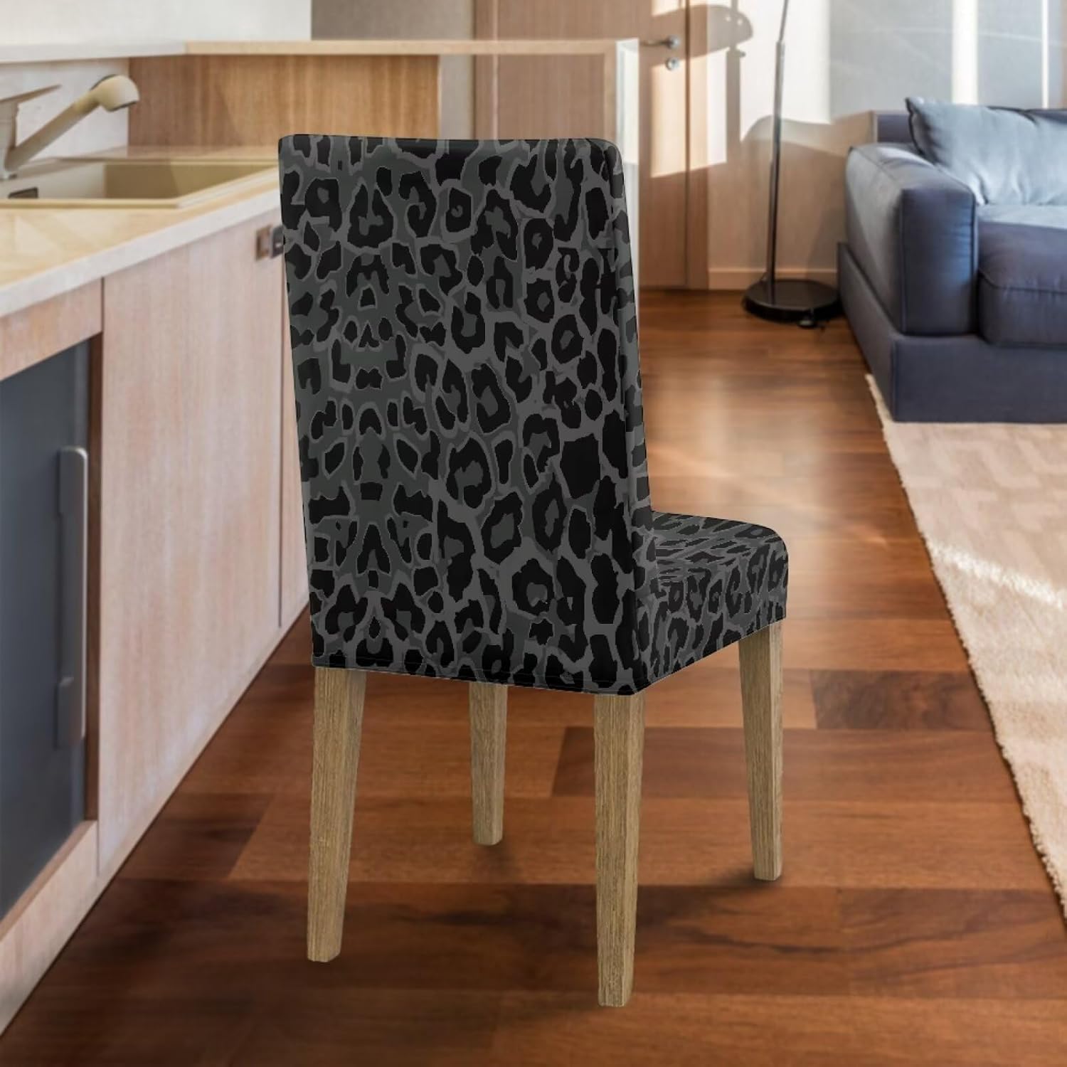 Black Leopard Print Dining Chair Covers Stretch Chair Slipcovers Anti-Slip Covers for Dining Chair Removable Washable Parsons Kitchen Chair Covers, Set of 6