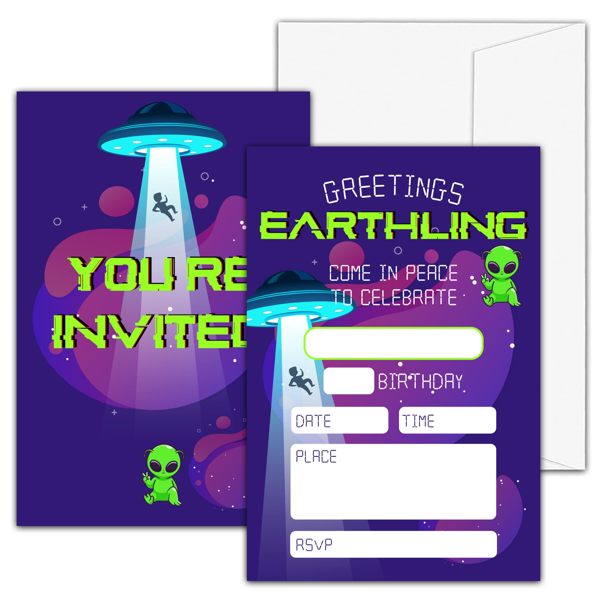 valucise Alien Birthday Invitations For Boys Girls, Outer Space Birthday Party Invitations, UFO Spaceship Fill In Invitation Cards, Birthday Party