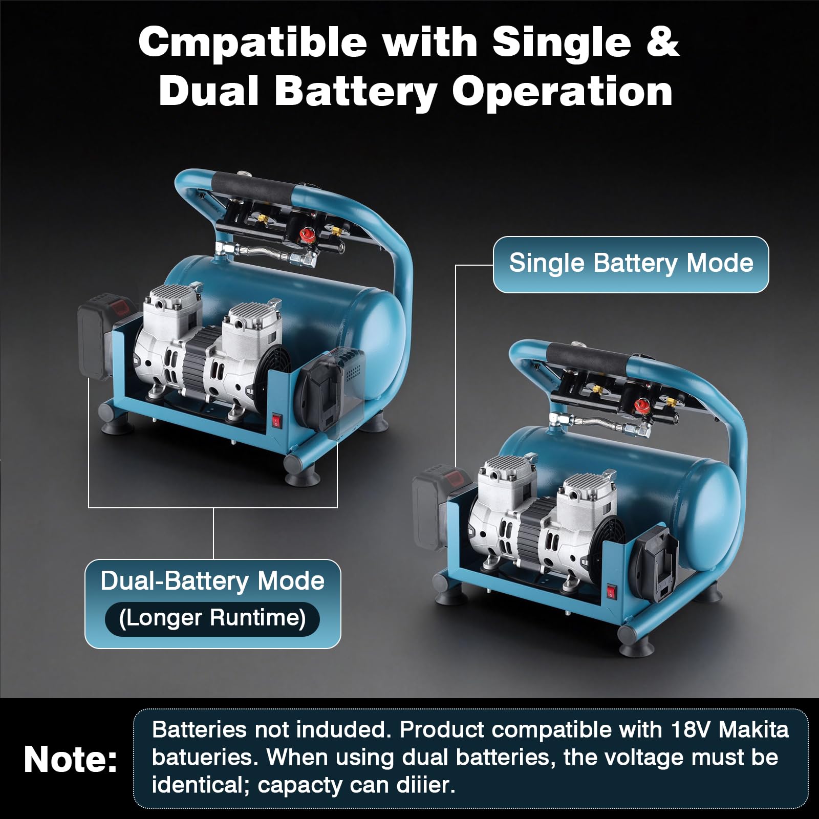 Compresor silencioso de aire comprimido compatible con Makita de 18 V | (On Akku), compresor de aire portátil, presión de trabajo de 7,5 bares, capacidad de botella de gas de 9 l