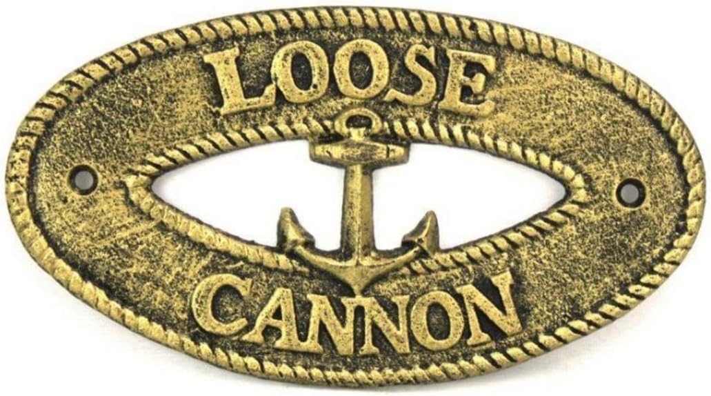 Hampton Nautical K-9310-gold Antique Gold Cast Iron Loose Cannon with Anchor Sign 8" - Decorative Metal Wall Art - Cast Iron Nautical