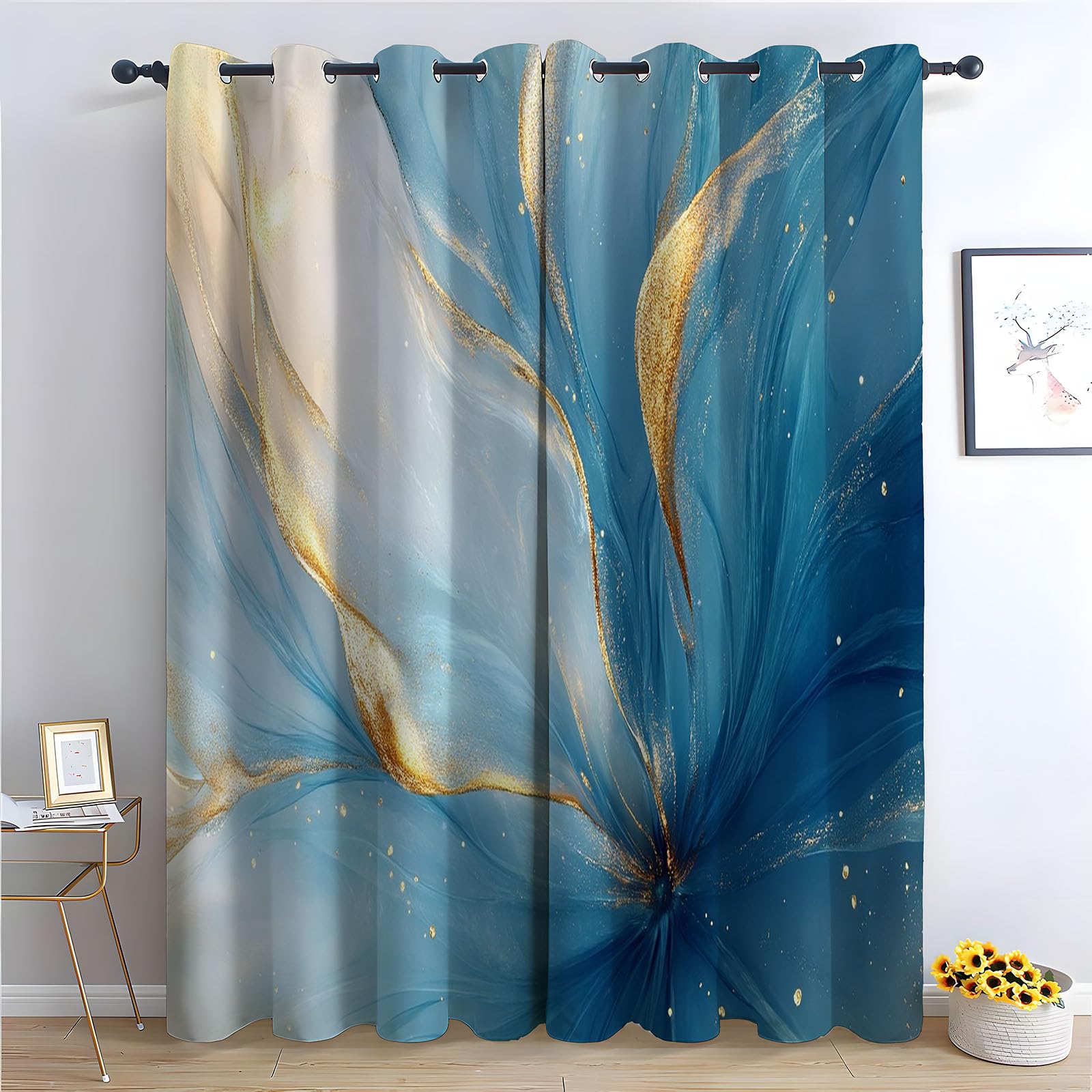 WIKEO Floral Curtains for Living Room Bedroom Abstract Golden Fluid Textured Farmhouse Curtain Leaf Printed Eyelet Rustic Drapes Window Treatment-52 W x 96" L (Pack of 2)