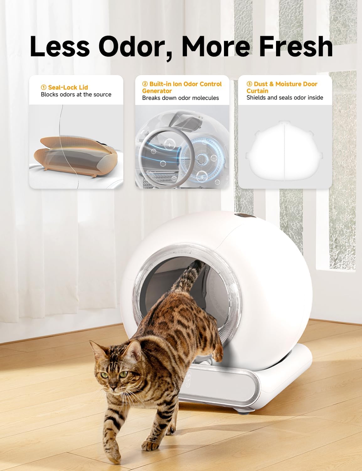 Self Cleaning Litter Box, Integrated Safety Automatic Cat Litter Box Self Cleaning 65L+9L for Multiple Cats, App Control, Odor Removal, Includes Mat & Liner (3 Rolls) - White