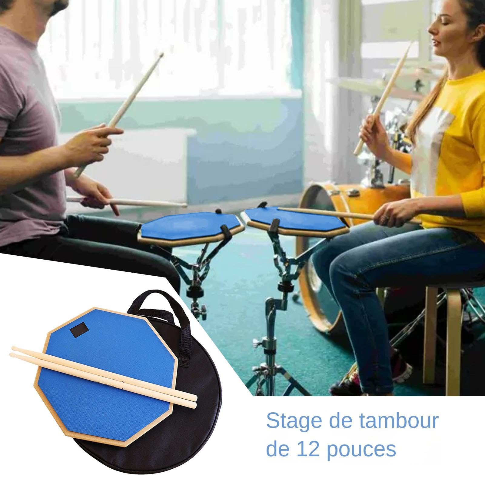 Pad y baquetas de batería, almohadilla de batería de entrenamiento | Juego de bolsas de batería portátiles, alfombrilla de batería silenciosa de 12 pulgadas con palillos - Almacenamiento ligero
