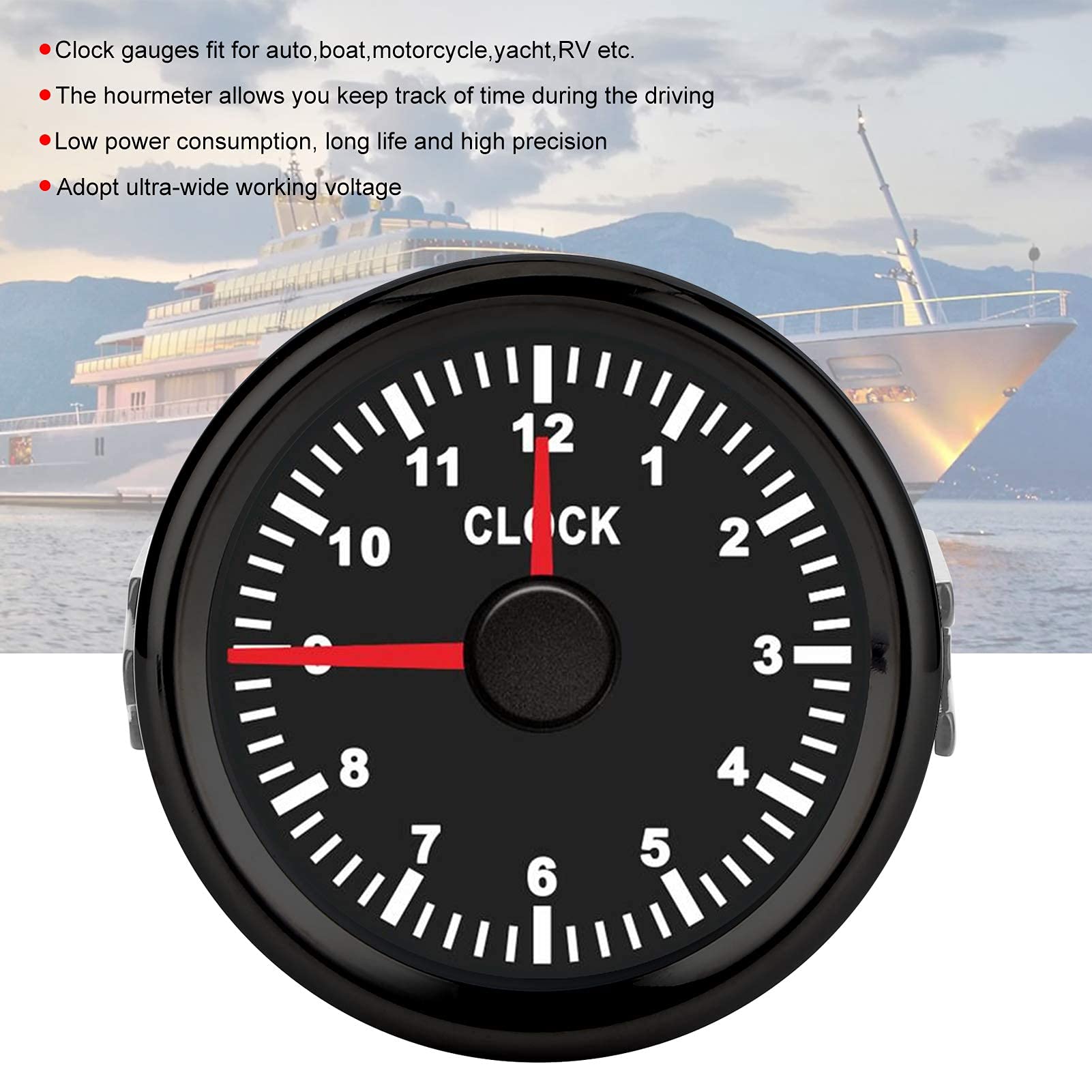 Aramox Universal Dial Clock Meter,2in/52mm Clock Gauge Instrument 0-12 Stundenzähler Rote Hintergrundbeleuchtung 12V/24V für Auto Boot Yacht Motorrad(Schwarzes Zifferblatt Schwarzer Rahmen)